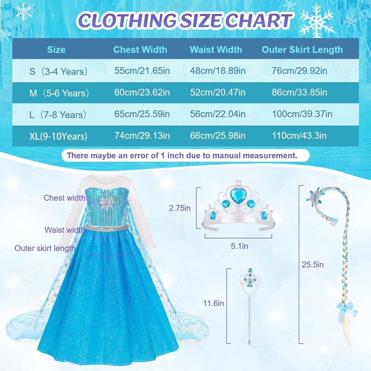 Meland Vestidos de princesa para niñas, disfraz de princesa con capa larga para niñas de 3 a 10 años para cumpleaños, fiesta de Halloween