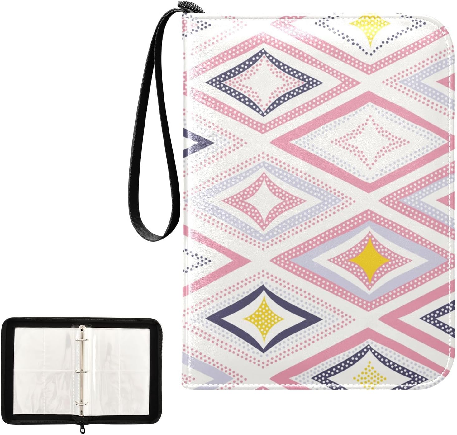 4 Pockets Trading Card Album Holder Book Folder Sports Card Binder Doodle Rhombus 400 Double Side Pockets for 3 Ring Binder Zipper