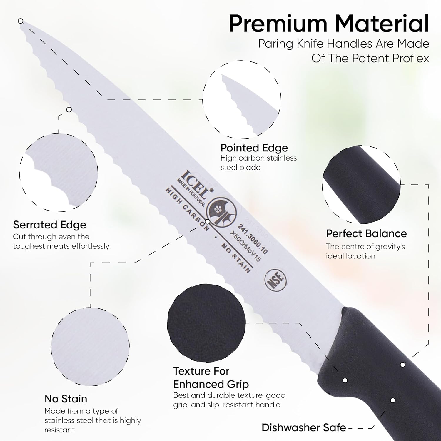 ICEL Cuchillo de pelar de 9 pulgadas, borde dentado, navaja de acero inoxidable alemán de alto carbono, hoja afilada, mango azul