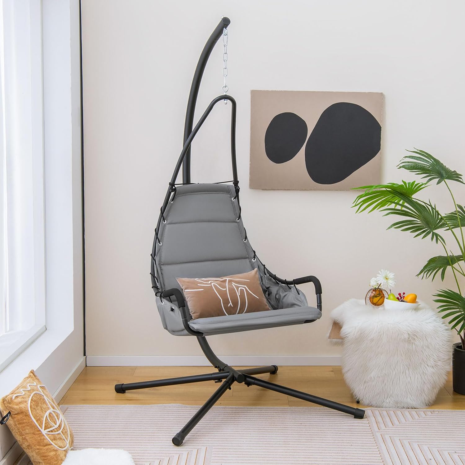 Tangkula Silla columpio con soporte, silla colgante de huevo para interiores y exteriores con cojín, silla hamaca para interiores y exteriores con