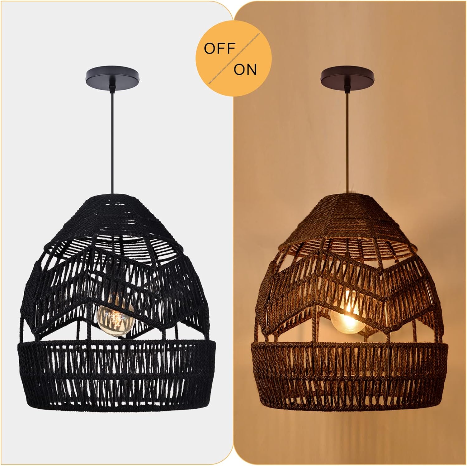 Arturesthome Lámpara de araña negra de metal de cuerda de cáñamo de mimbre, retro hogar colgante lámpara de iluminación de techo dormitorio cocina