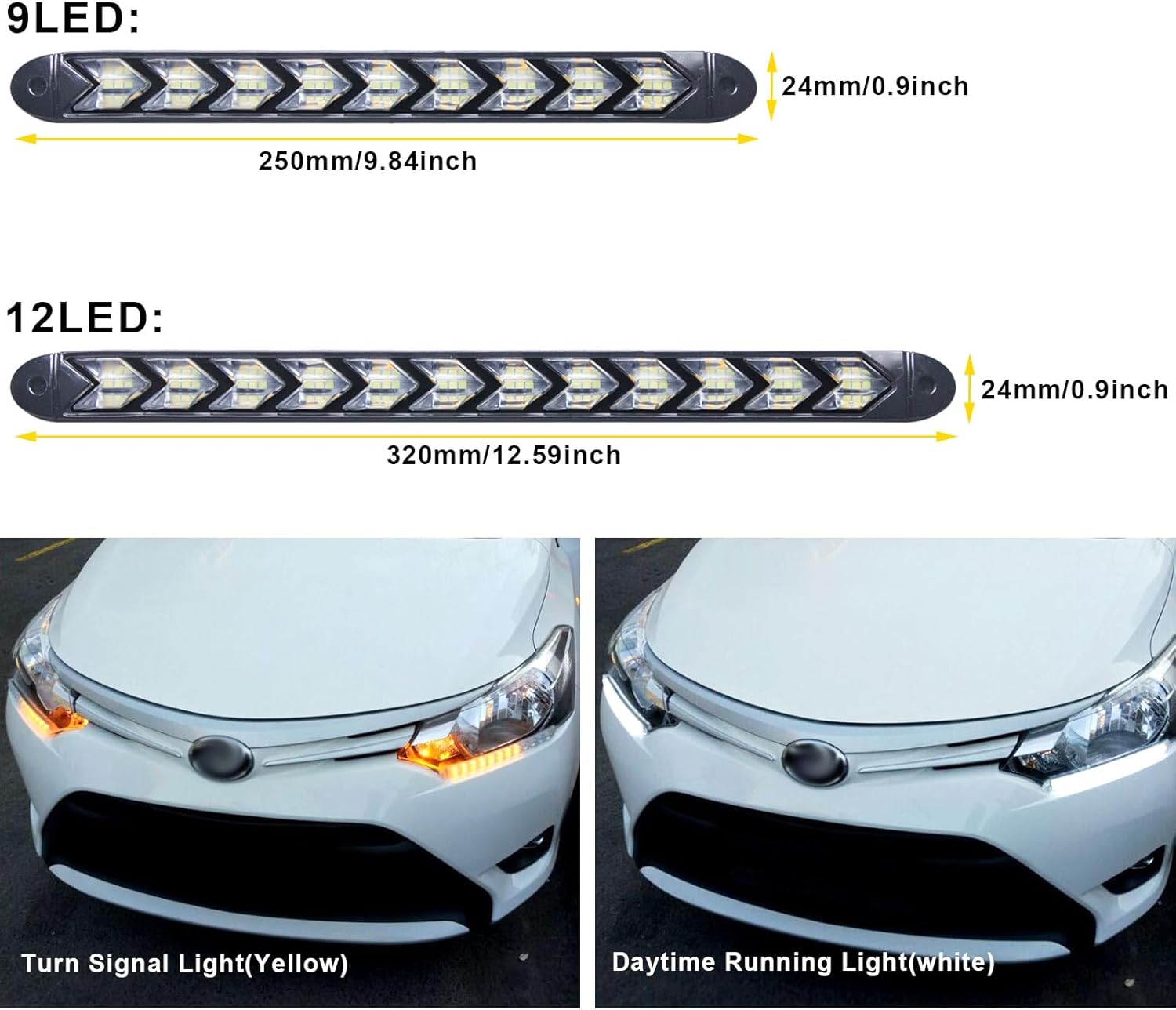 12 tiras LED de flecha DRL Switchback – Luces de circulación diurna ámbar blanco – Señal de giro secuencial de flujo dinámico de 12 V – LED