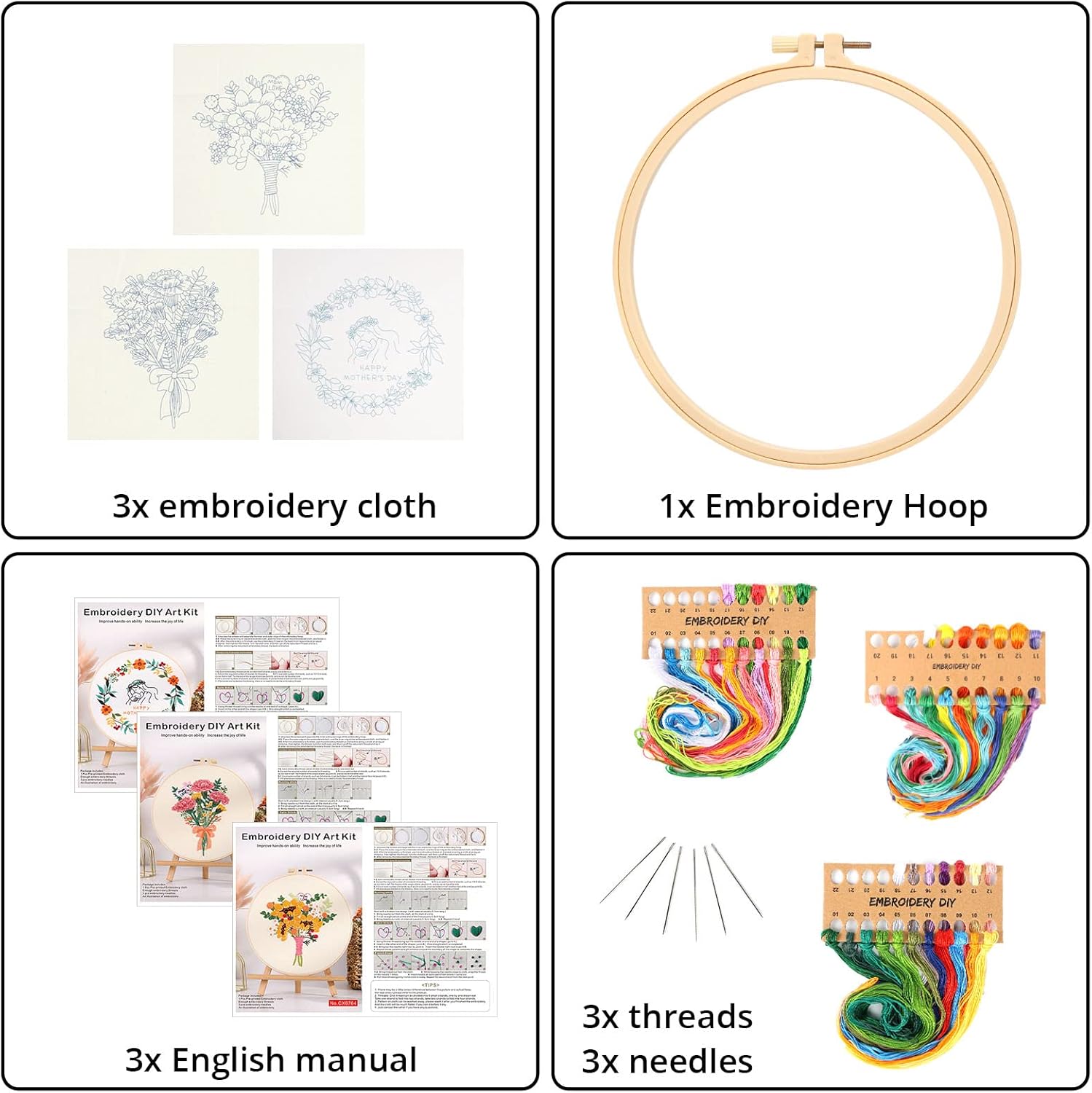 KAMEUN Kits de bordado temáticos para el Día de la Madre para adultos principiantes, 3 juegos de bordado para principiantes de bordado, kits de