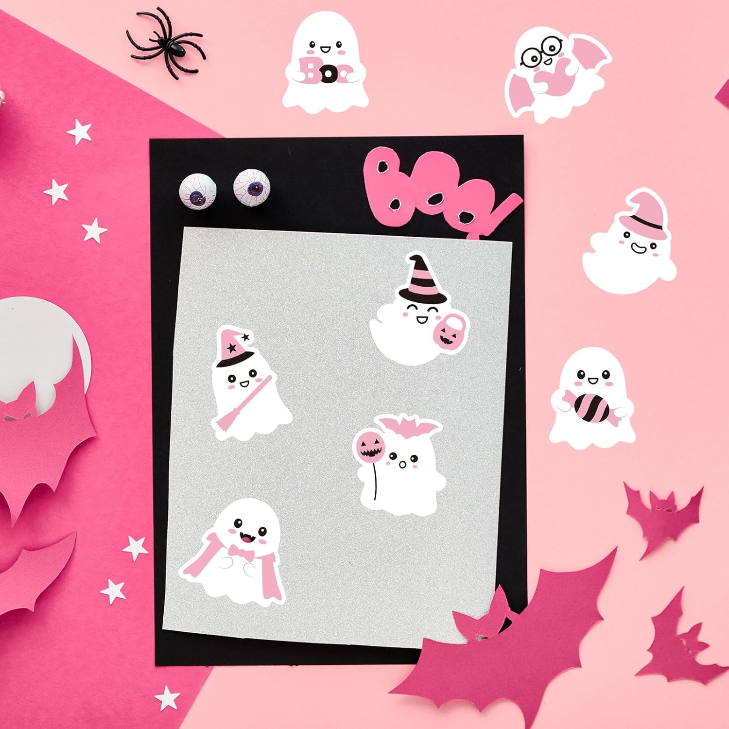AnyDesign – 1000 calcomanías de Halloween en rollo de fantasma rosa, calcomanías autoadhesivas redondas para manualidades, regalos, bolsas de