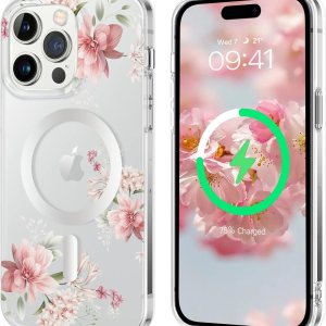YINLAI Funda para iPhone 14 Pro Max de 6.7 pulgadas, magnética compatible con MagSafe transparente, transparente, patrón floral de flores rosas para YINLAI Funda para iPhone 14 Pro Max de 6.7 pulgadas, magnética compatible con MagSafe transparente, transparente, patrón floral de flores rosas para