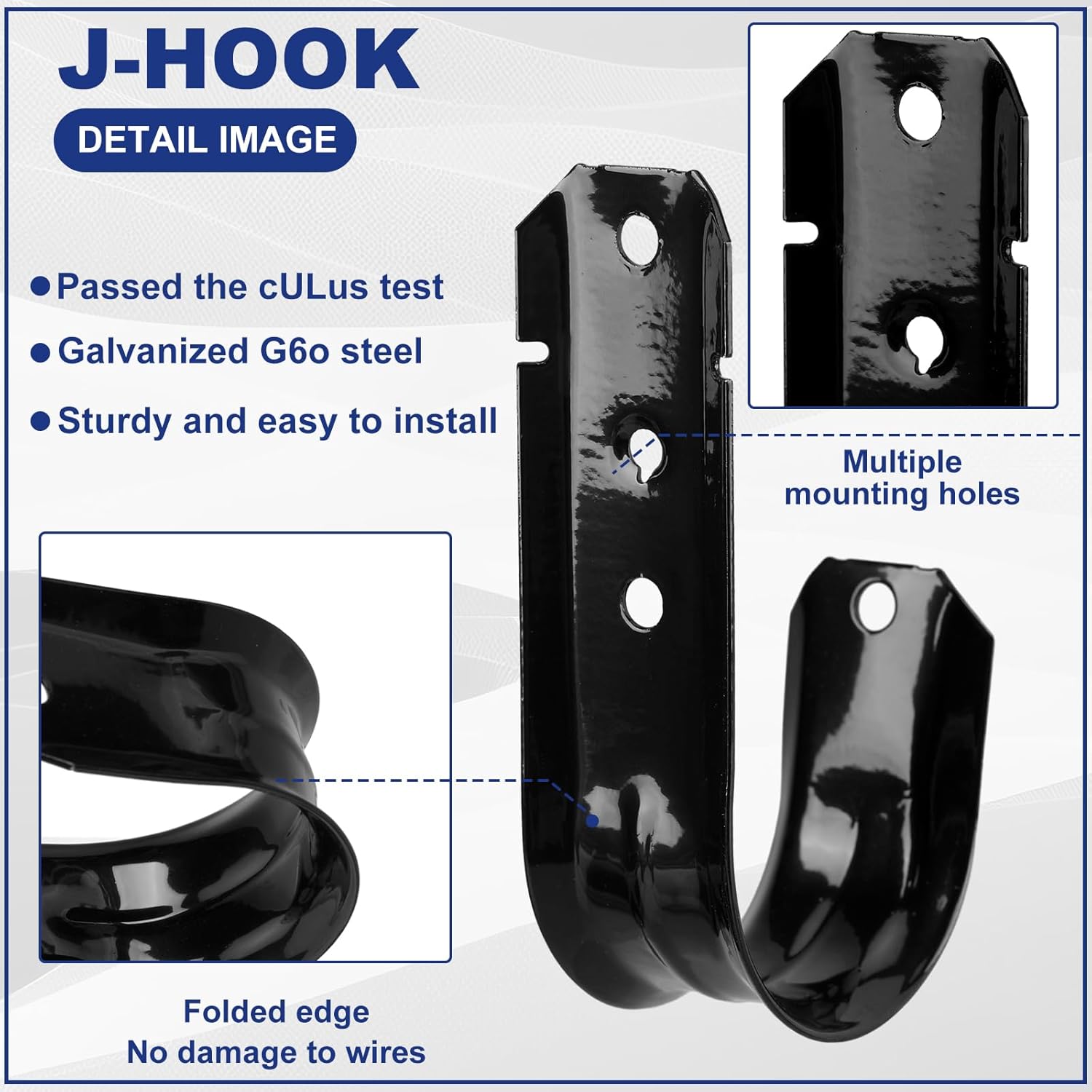 Zonon Soporte de cable negro con gancho en J para colgar gancho en J de metal resistente para gestión de cables y cables, acero galvanizado (2