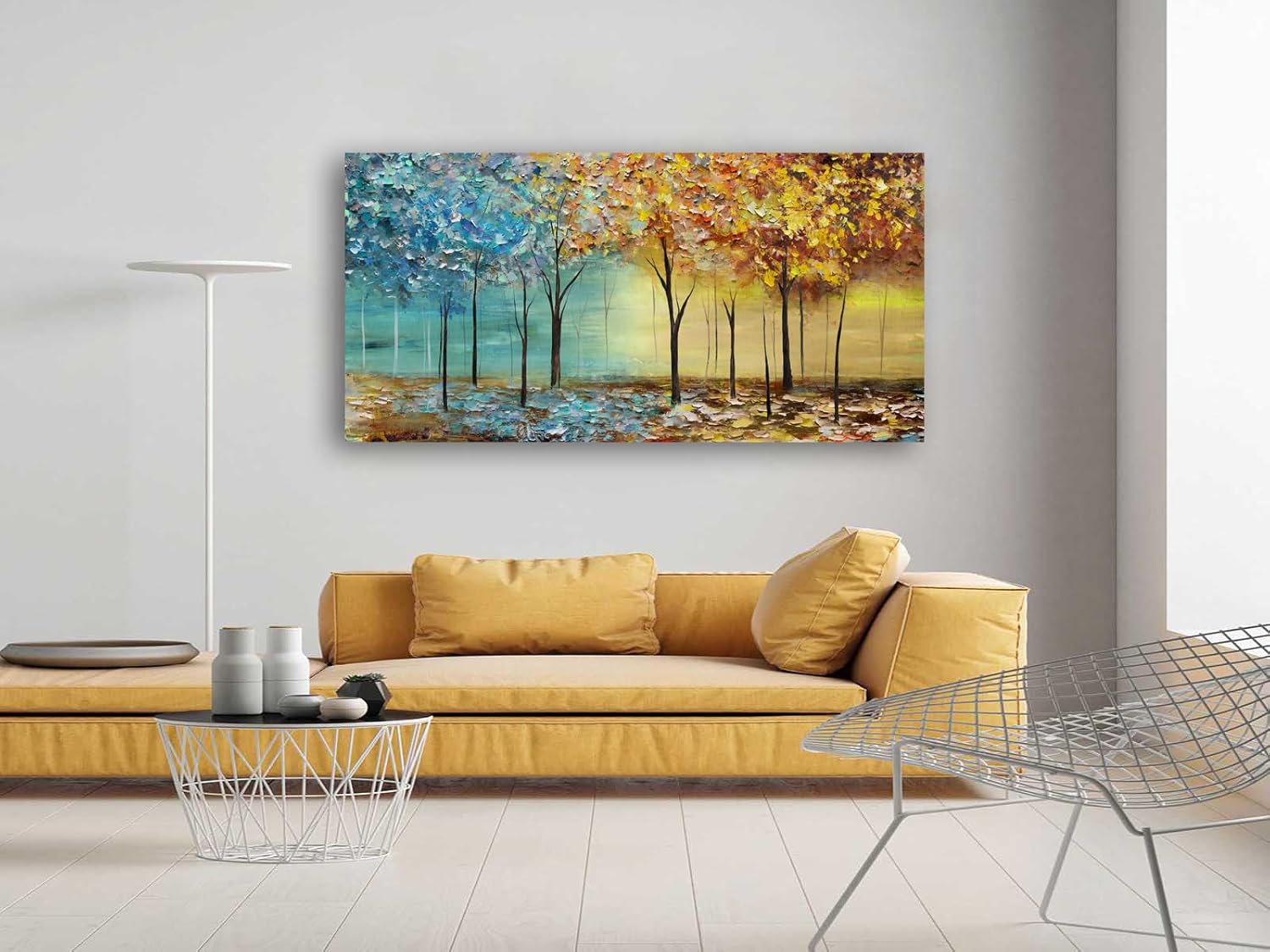 Cao Gen Decor Art A63450 – Lienzo decorativo para pared, árboles abstractos, 1 panel, azul y amarillo, cuadros abstractos de bosque, estirados y