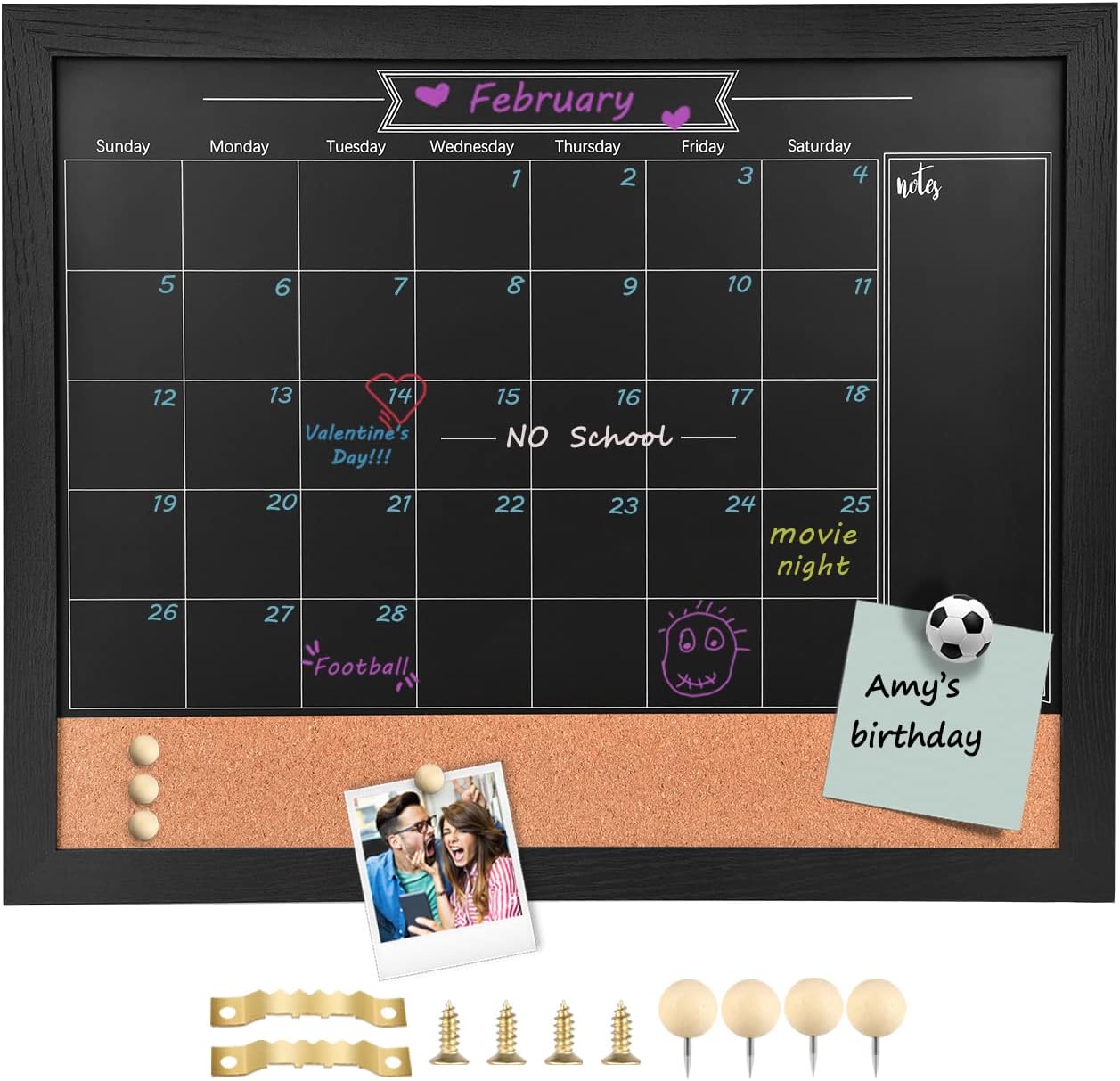 TORASO Pizarra magnética con calendario y corcho, 13 x 17 pulgadas, combinación de pizarra de tiza y tablero de anuncios, pizarra con marco de