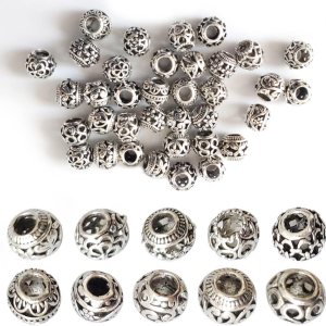 40 cuentas espaciadoras plateadas de 0.472in, cuentas huecas de filigrana tibetana, cuentas plateadas, cuentas de aleación de metal para hacer 40 cuentas espaciadoras plateadas de 0.472in, cuentas huecas de filigrana tibetana, cuentas plateadas, cuentas de aleación de metal para hacer