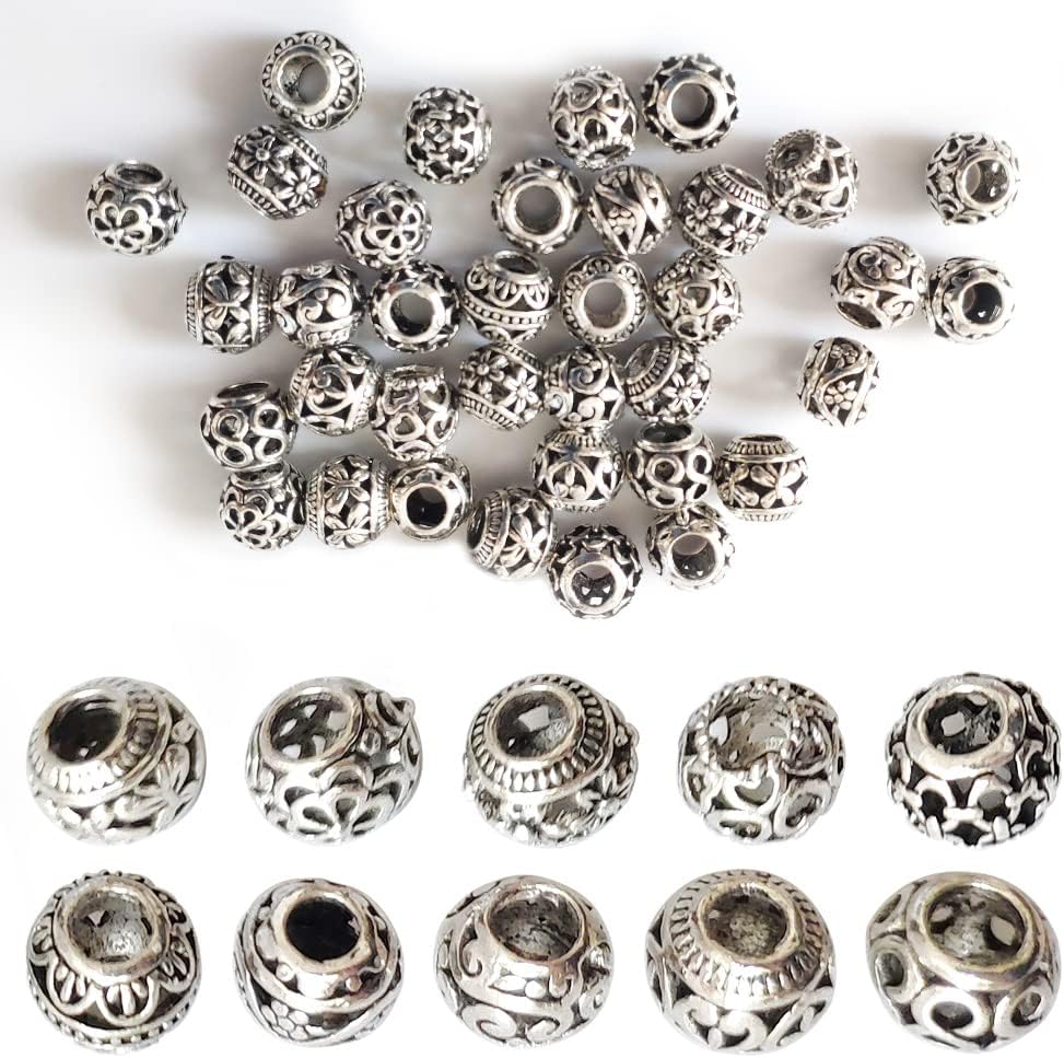 40 cuentas espaciadoras plateadas de 0.472in, cuentas huecas de filigrana tibetana, cuentas plateadas, cuentas de aleación de metal para hacer
