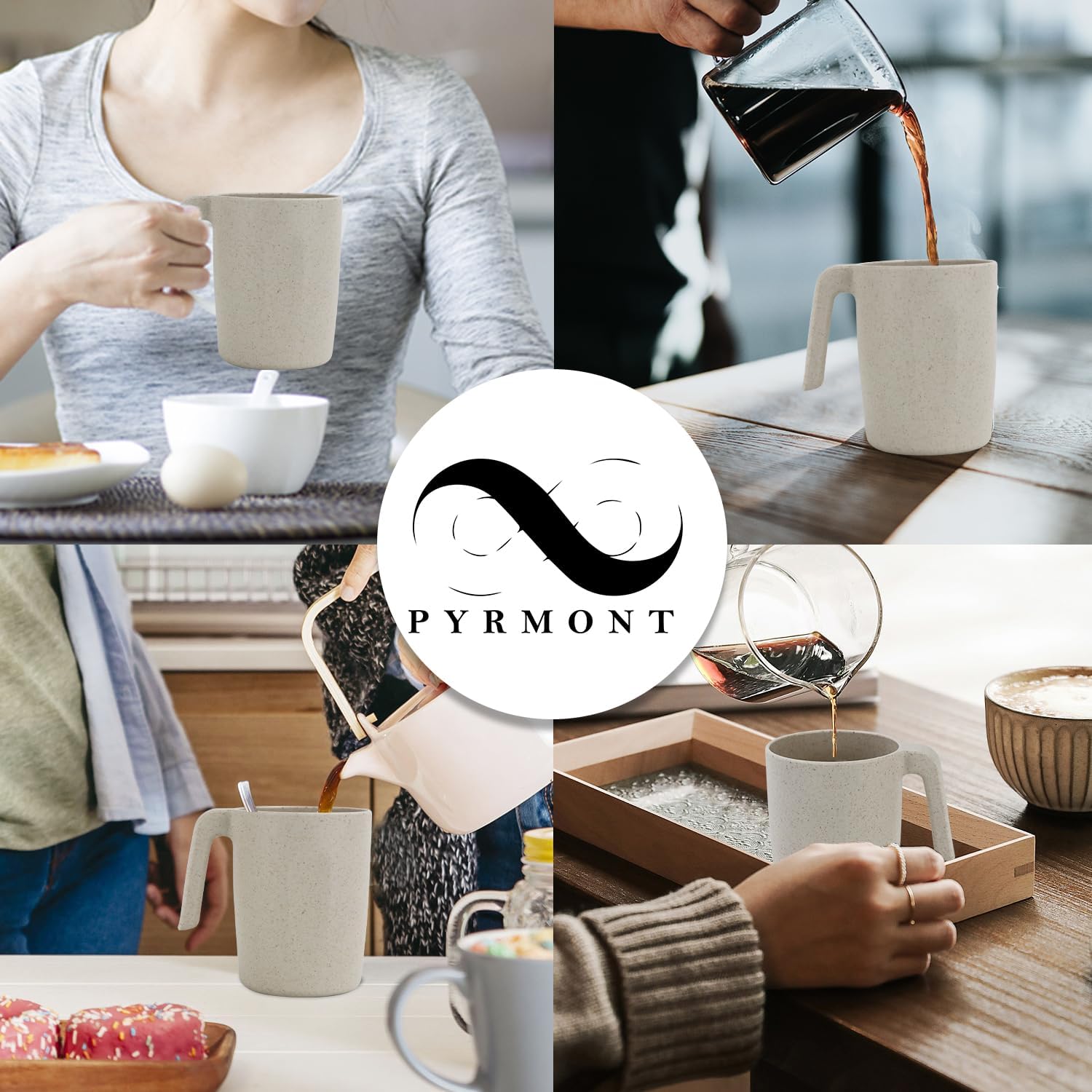 PYRMONT Juego de 6 tazas de paja de trigo, tazas de café de plástico reutilizables, tazas de té con asas, juego de tazas de 16 onzas para café,