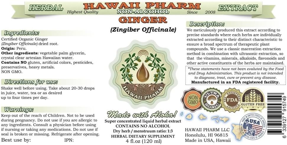 Hawaii Pharm Extracto líquido de jengibre sin alcohol, jengibre orgánico (Zingiber officinale) Suplemento herbario natural de glicerita de raíz