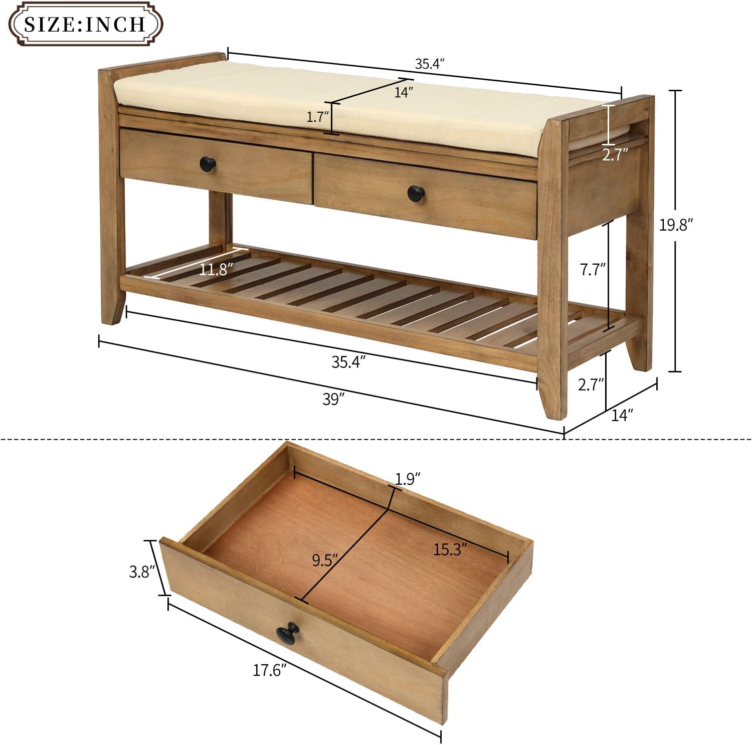 SSLine Banco de almacenamiento de zapatos con 2 cajones y asiento acolchado, banco de entrada de madera moderno de 39 pulgadas, estante de