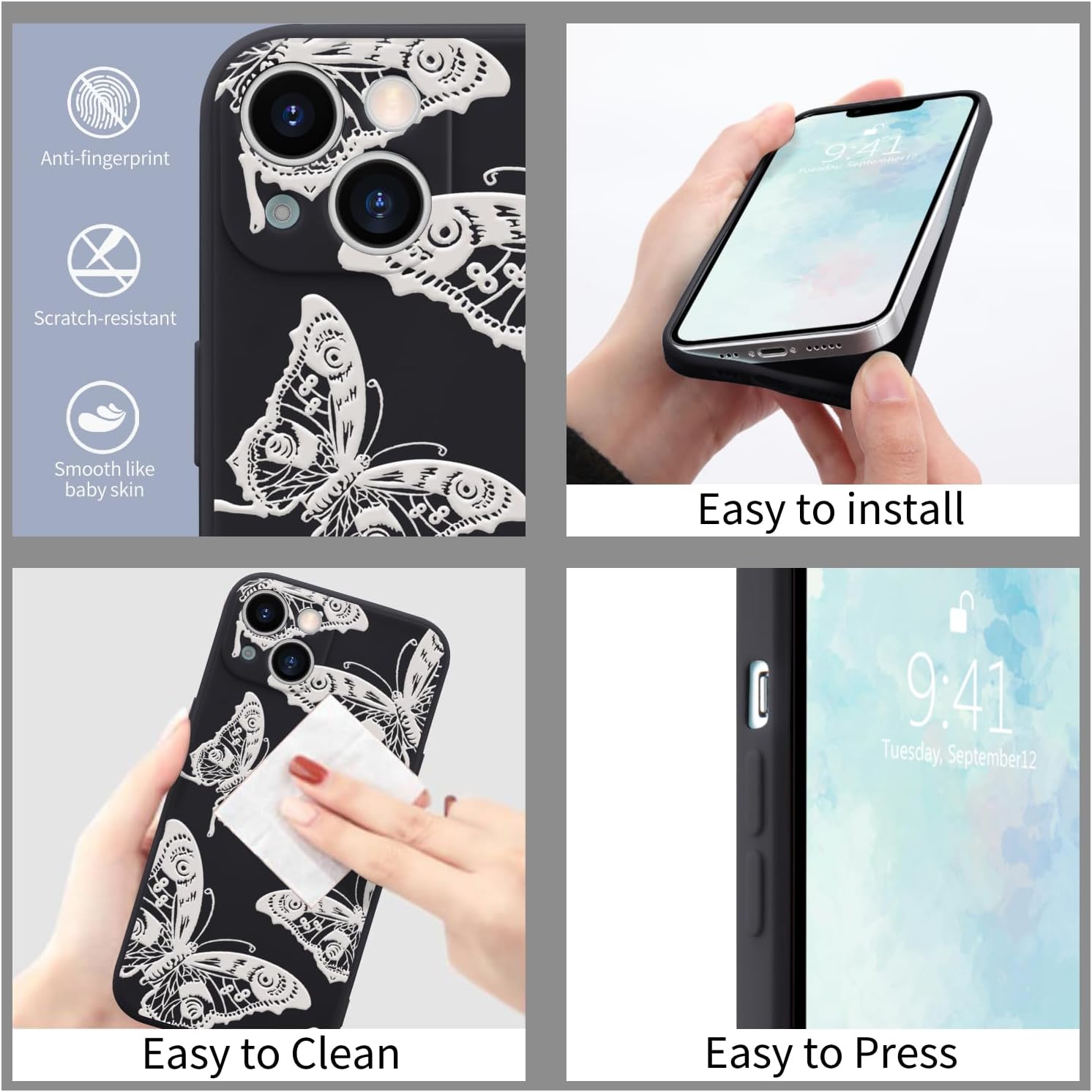 Funda de teléfono con diseño de mariposa blanca para iPhone 11 3D, funda de silicona líquida de gel suave, antiarañazos, duradera, femenina, mate,