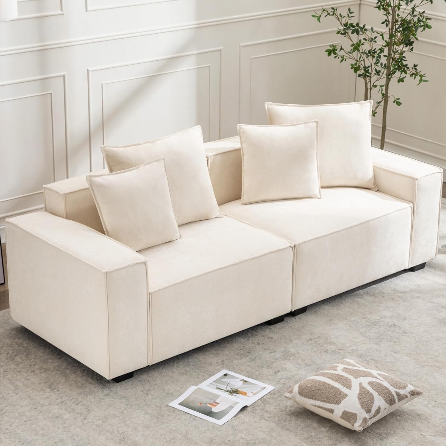 Sofá grande de felpilla moderno de 89.3 pulgadas, sofá nube de 3 plazas con reposabrazos extra anchos y 4 cojines, sofá de asiento profundo para
