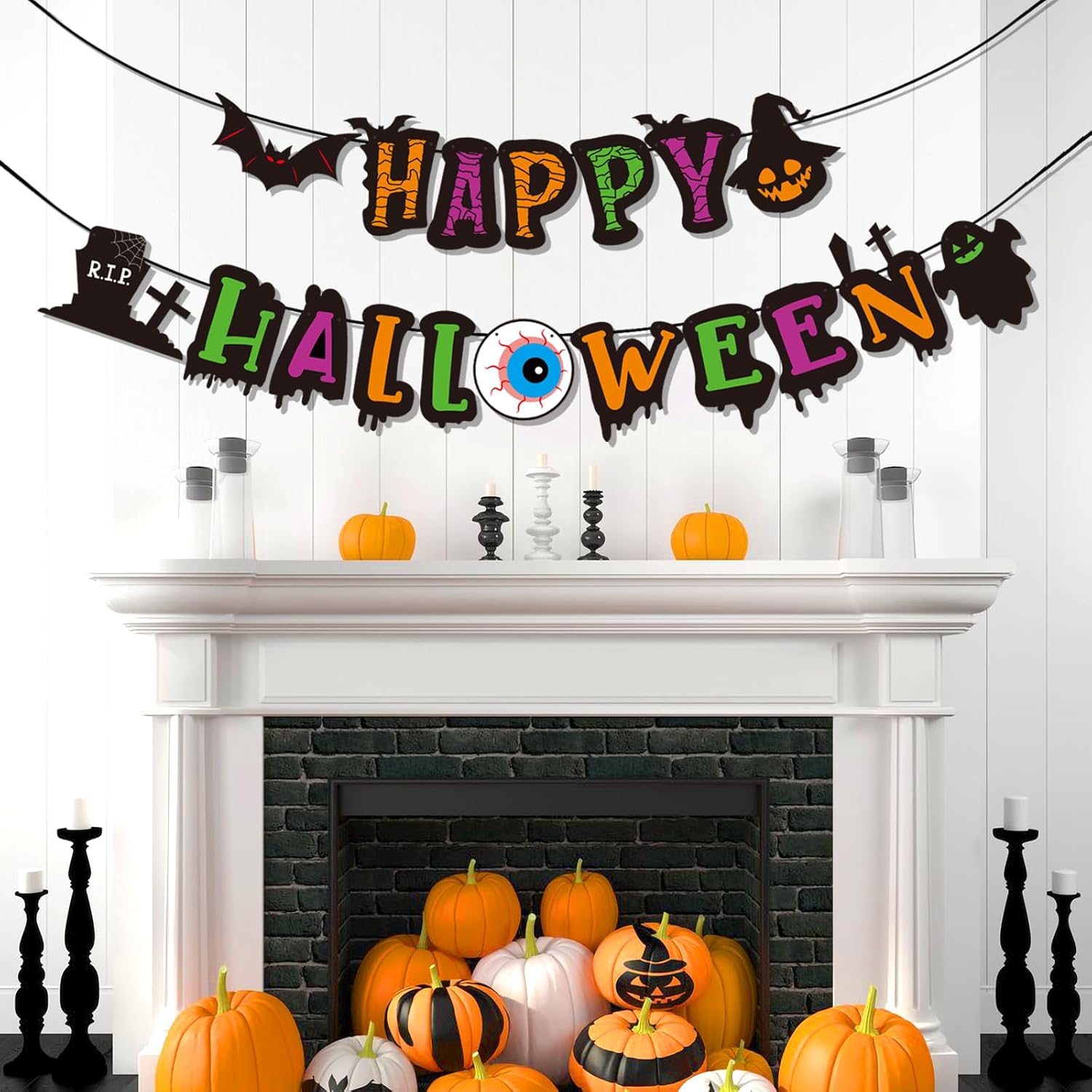 Cartel de Feliz Halloween para fiesta de cumpleaños, decoración de fiesta temática con murciélago y calabaza, casas embrujadas, puerta, hogar,