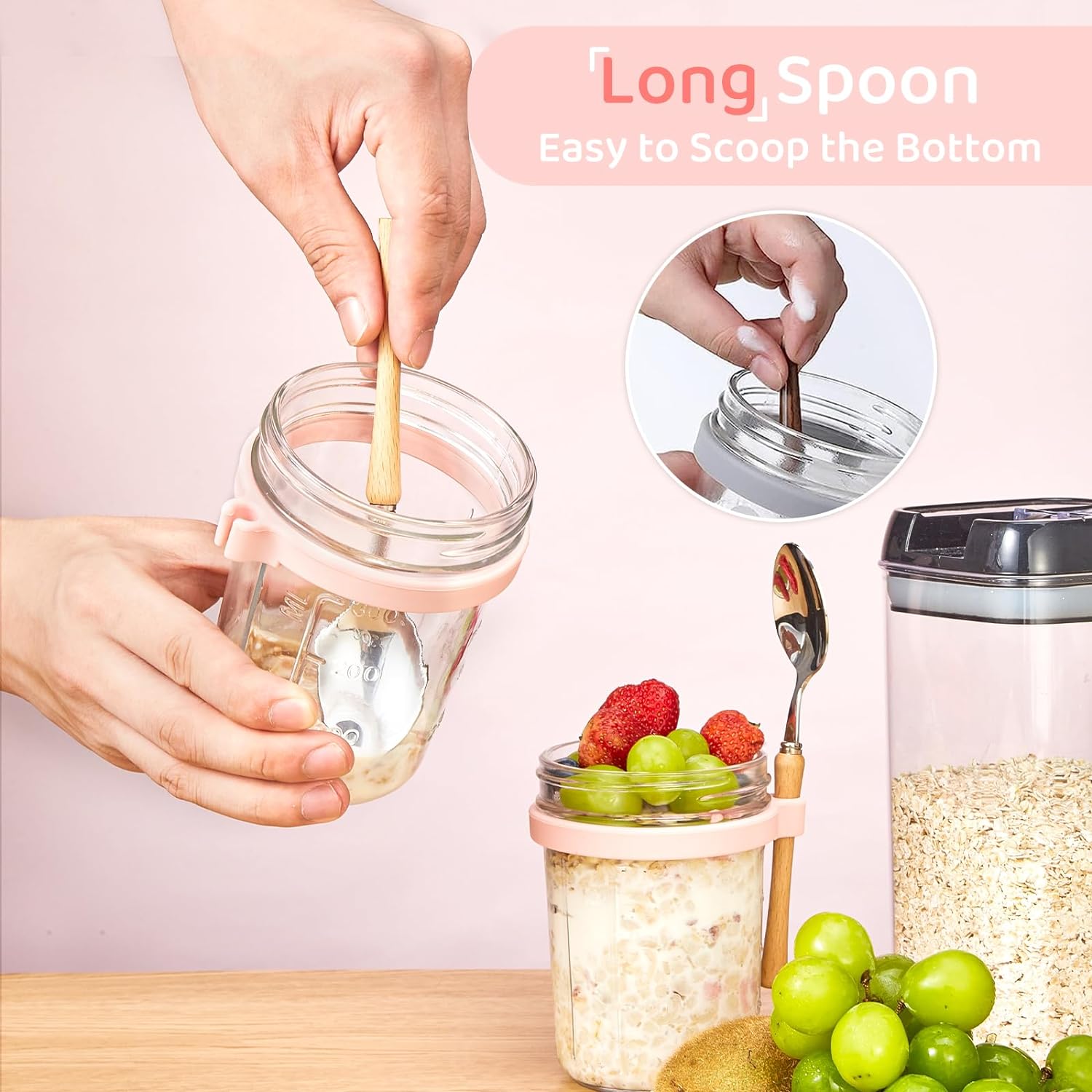 Recipientes de vidrio para avena durante la noche con tapas y cuchara, tarros Mason de boca ancha de 16 onzas para avena nocturna, cereales, yogur,