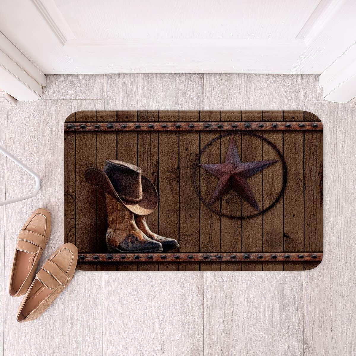 Western Decor – Alfombra de baño de poliéster para niños y niños, botas vaqueras, sombrero de forro polar suave, alfombra vintage marrón con