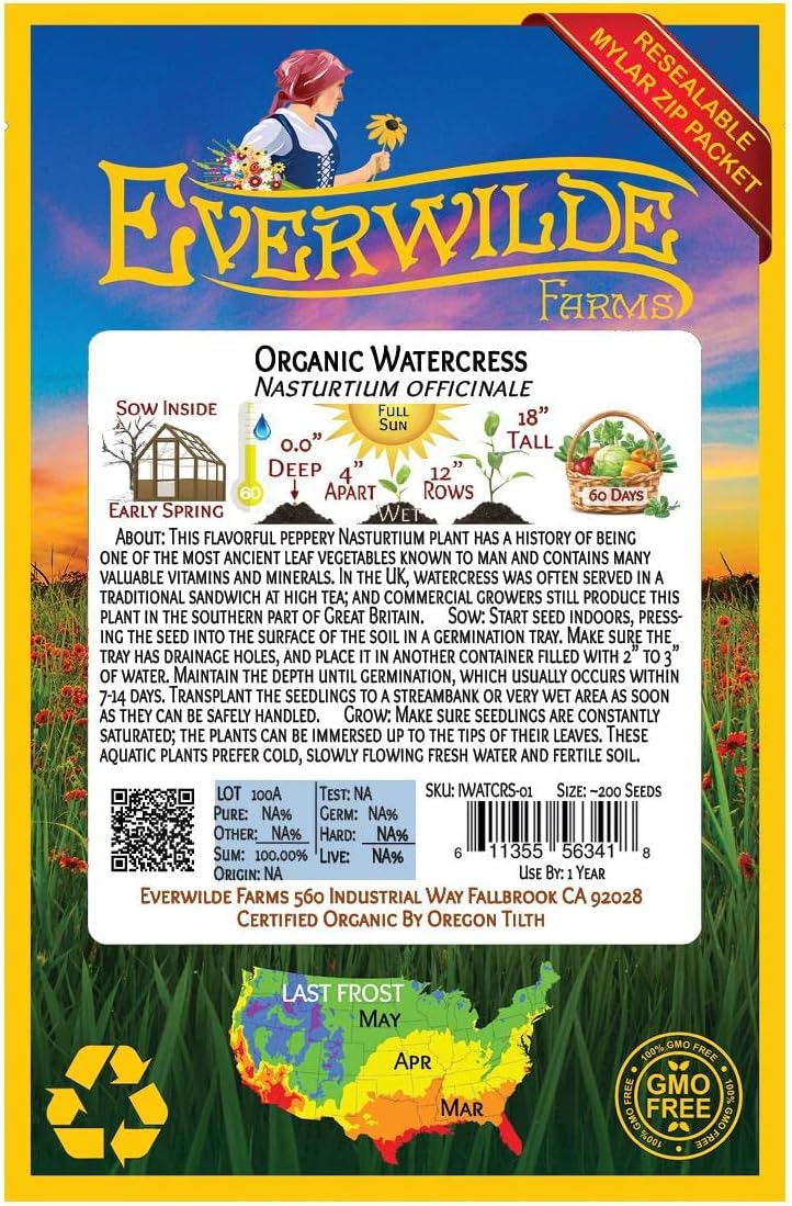 Everwilde Farms – 200 semillas de hierbas orgánicas de berros – Paquete Gold Vault