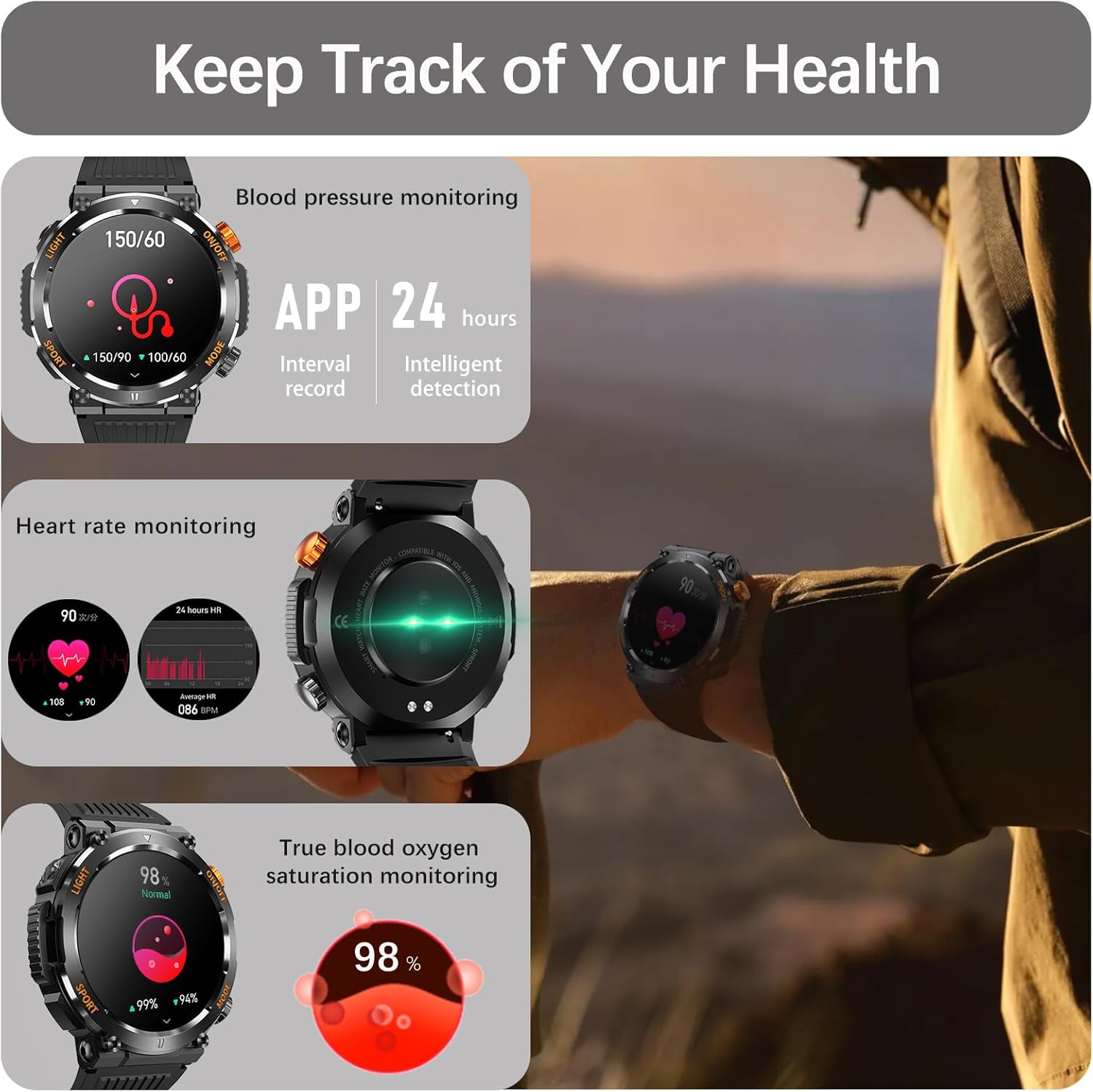 Reloj inteligente militar para hombre (recepción de llamadasmarcación), reloj inteligente táctico al aire libre con más de 100 modos deportivos,