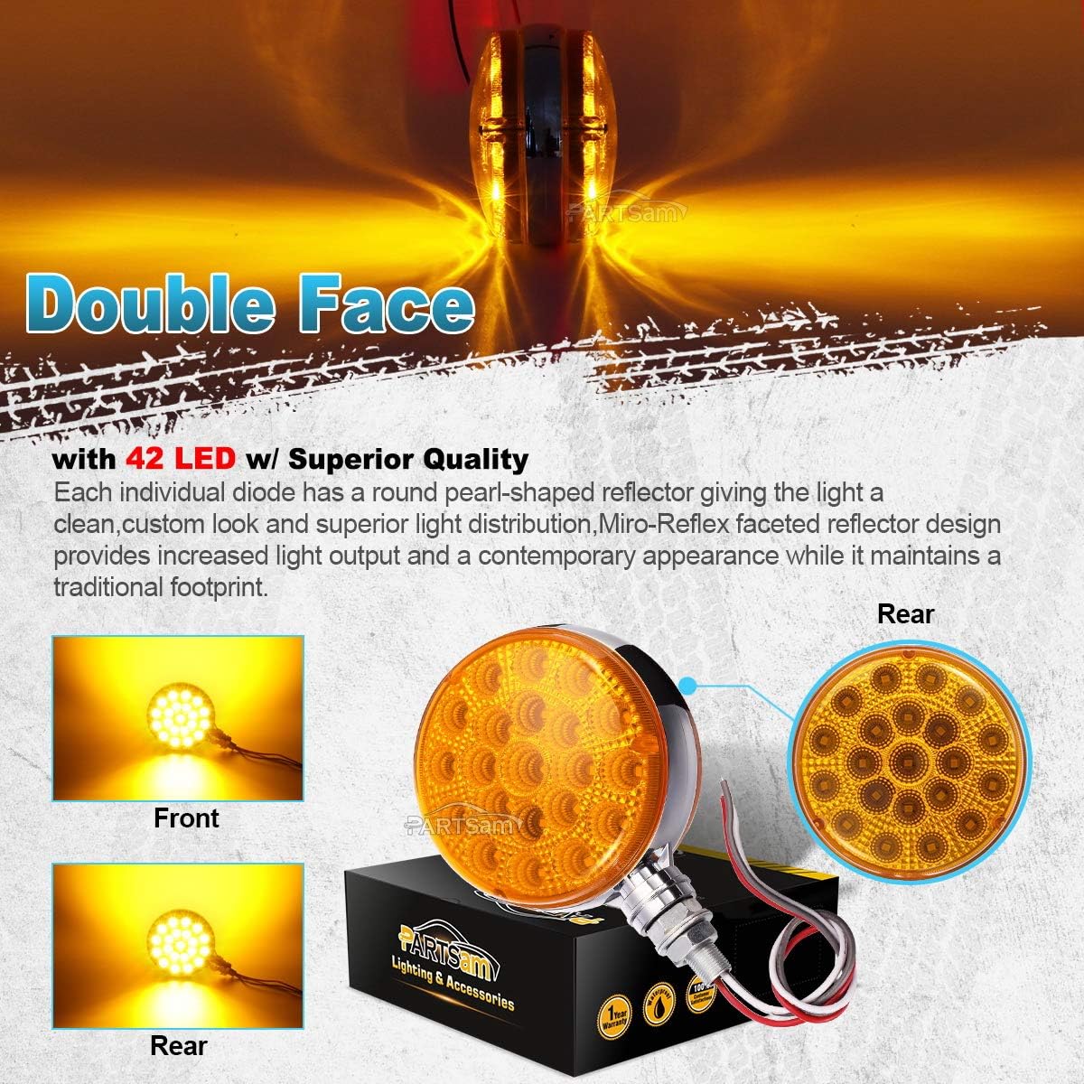 Partsam 2 luces LED redondas ámbarámbar de doble cara, señal de giro trasera y luces de estacionamiento, montaje en poste sellado, 42 luces LED de