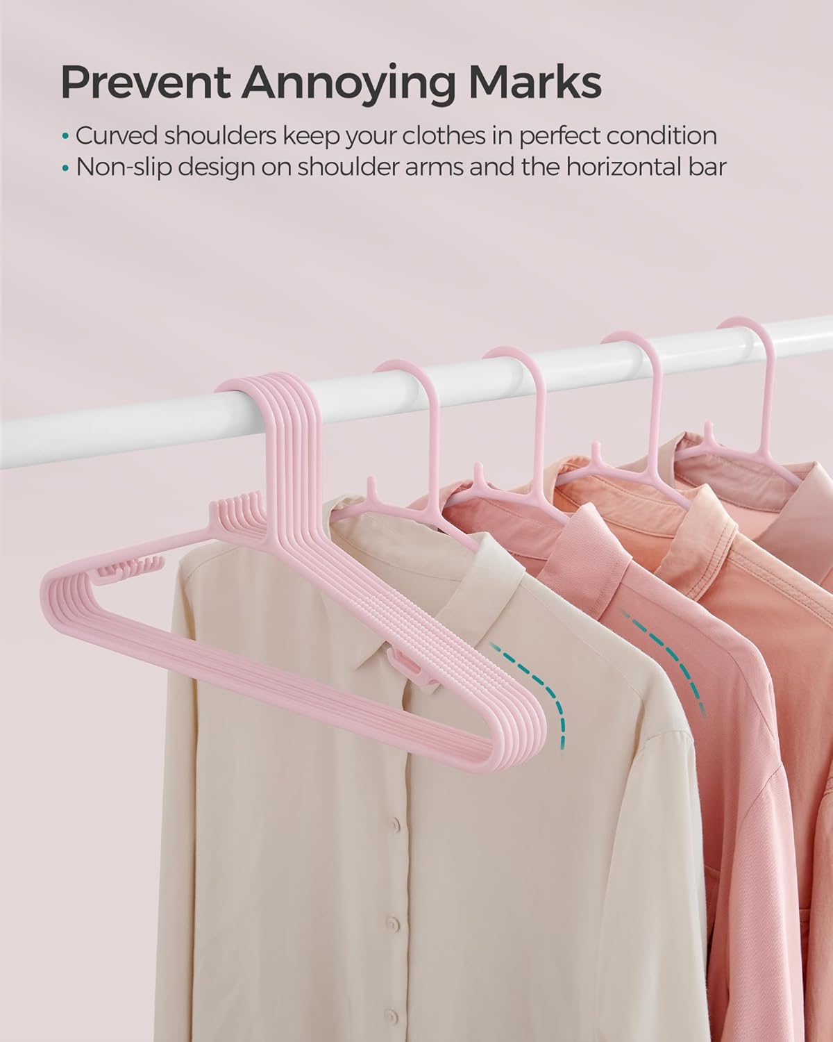 SONGMICS Perchas de plástico, paquete de 50 perchas de ropa que ahorran espacio, perchas ligeras, para pantalones, abrigos, vestidos, rosa gelatina
