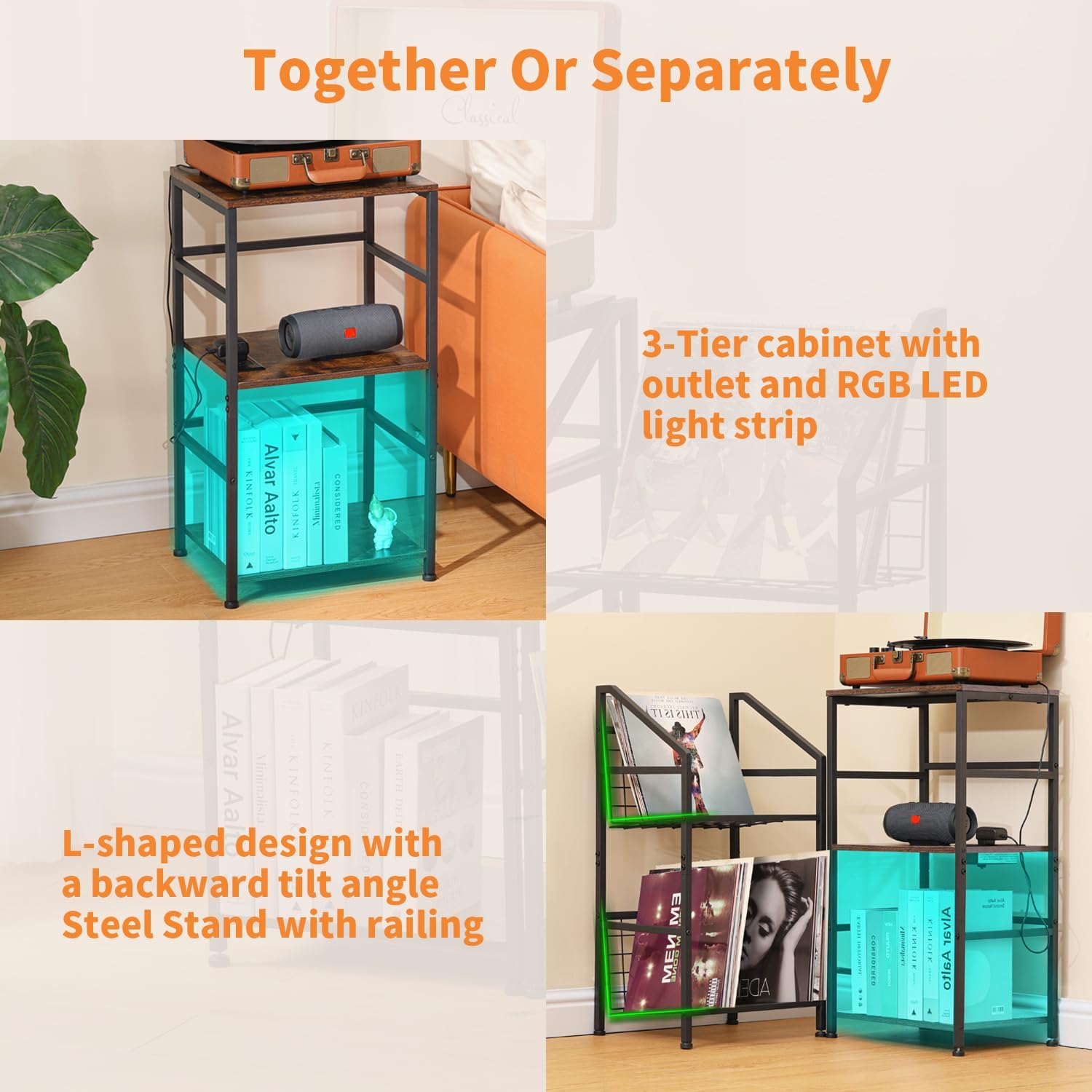 LAKEMID Soporte para tocadiscos con almacenamiento de vinilo, soporte giratorio de 3 capas y soporte de disco de vinilo de acero, mesas auxiliares