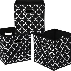Contenedores de almacenamiento plegables de tela negra, canastas organizadoras con asas dobles para estantes y armarios, juego de 3 unidades (luz Contenedores de almacenamiento plegables de tela negra, canastas organizadoras con asas dobles para estantes y armarios, juego de 3 unidades (luz
