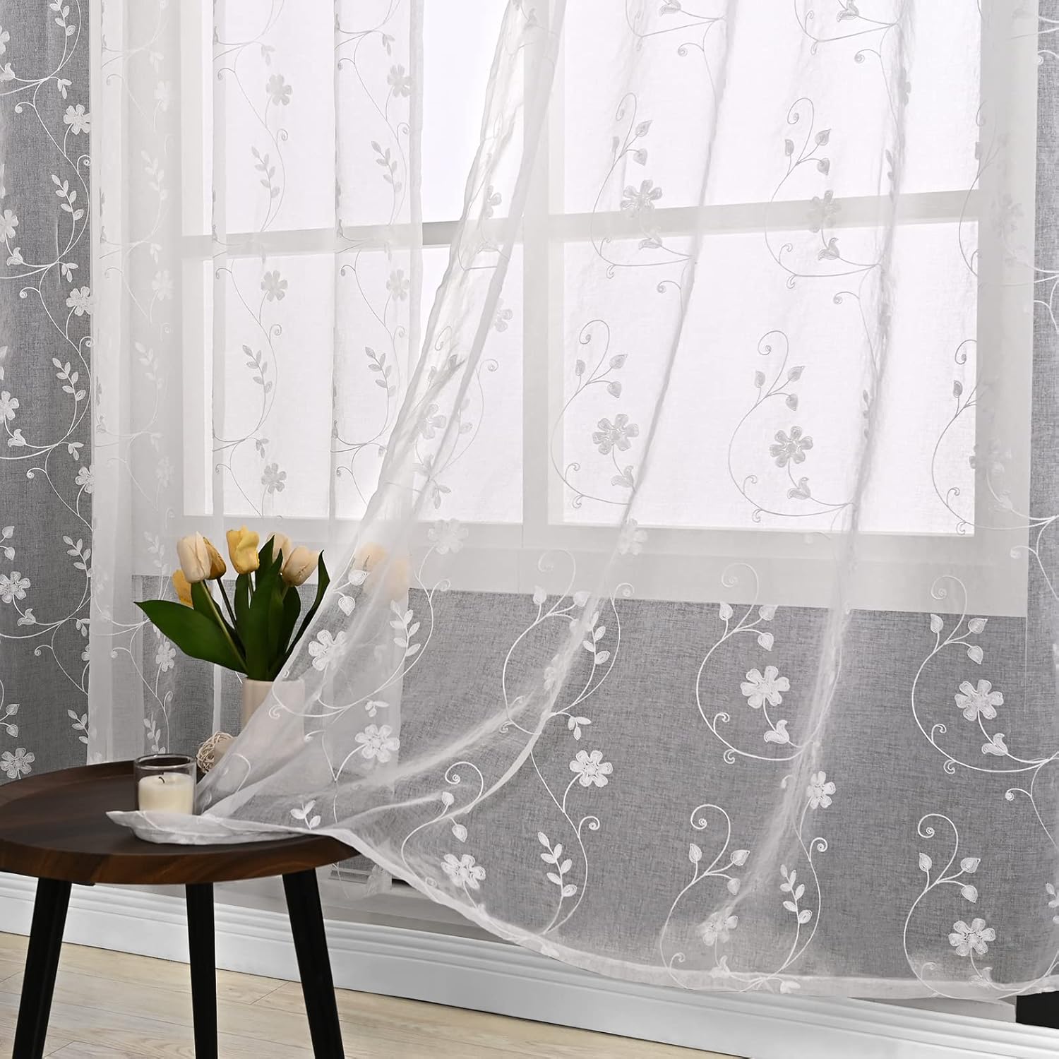 YoungsTex Cortinas traslúcidas bordadas de 63 pulgadas de largo, de lino sintético, con ojales, cortinas semitraslúcidas blancas para filtrar la luz