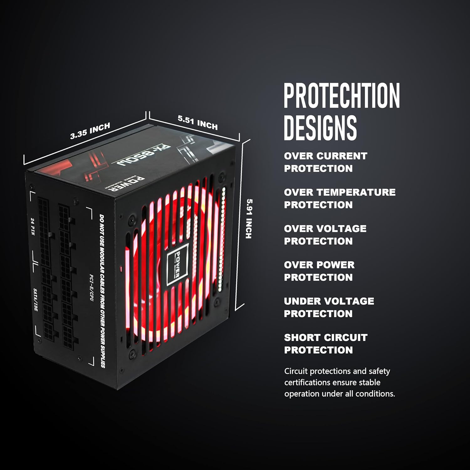 POINWER Fuente de alimentación de 850 vatios 80 Plus Gold – Ventilador silencioso RGB de 4.7 in, PFC activo, condensador de 221.0 F – PSU de alto