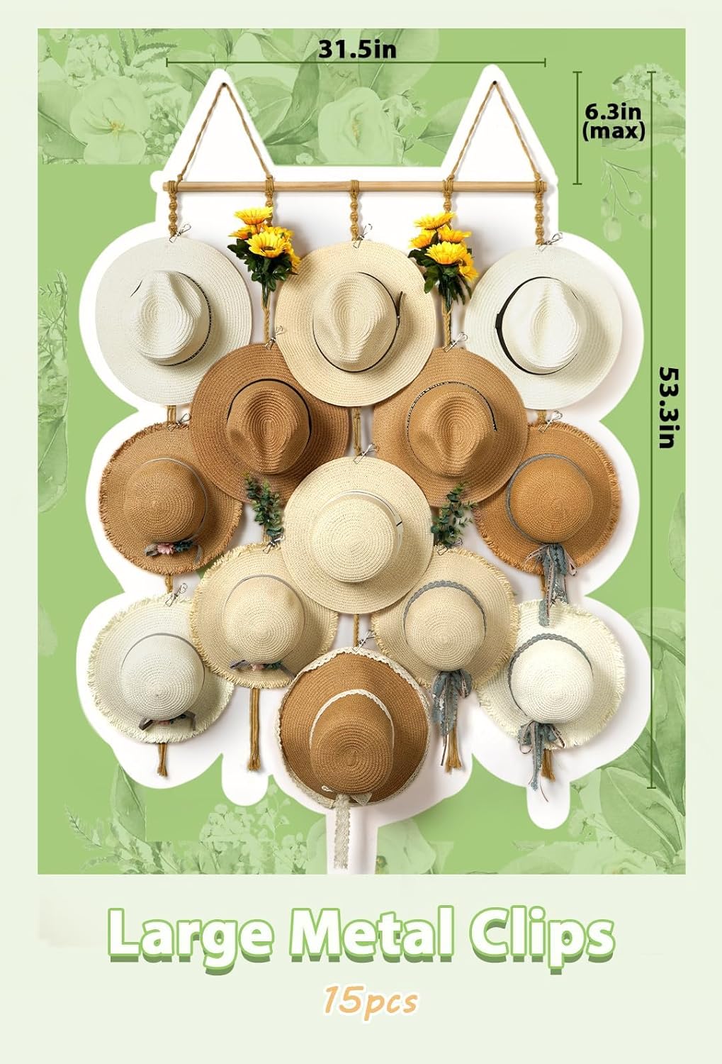 Organizador de sombreros de macramé para pared, 15 clips de 31 x 53 pulgadas, ganchos grandes para sombreros de Fedora, para almacenamiento de
