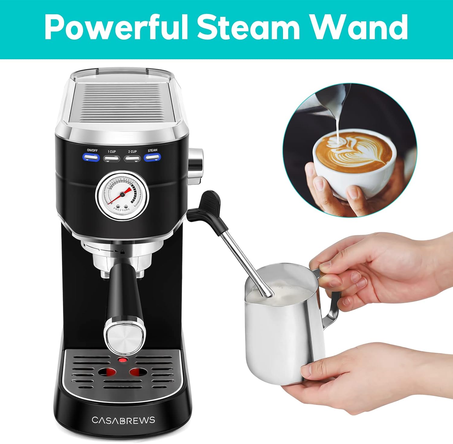 CASABREWS Máquina de café expreso de 20 bares, cafetera de café espresso de acero inoxidable con espumador de leche, máquina de capuchino compacta
