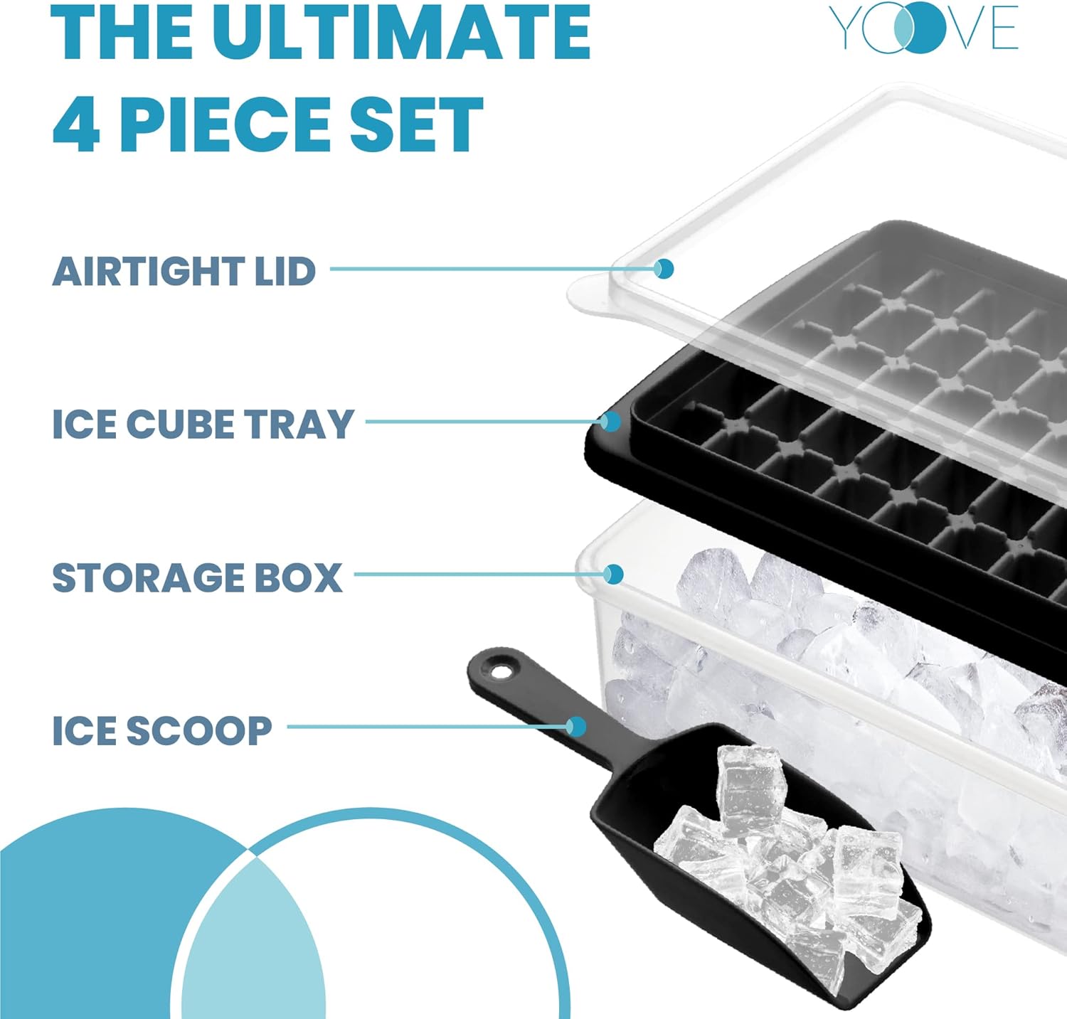 Yoove Juego de bandejas de silicona para cubitos de hielo, incluye tapa antiderrames, cubo con tapa y cuchara, sin BPA, fácil de liberar, bandeja de
