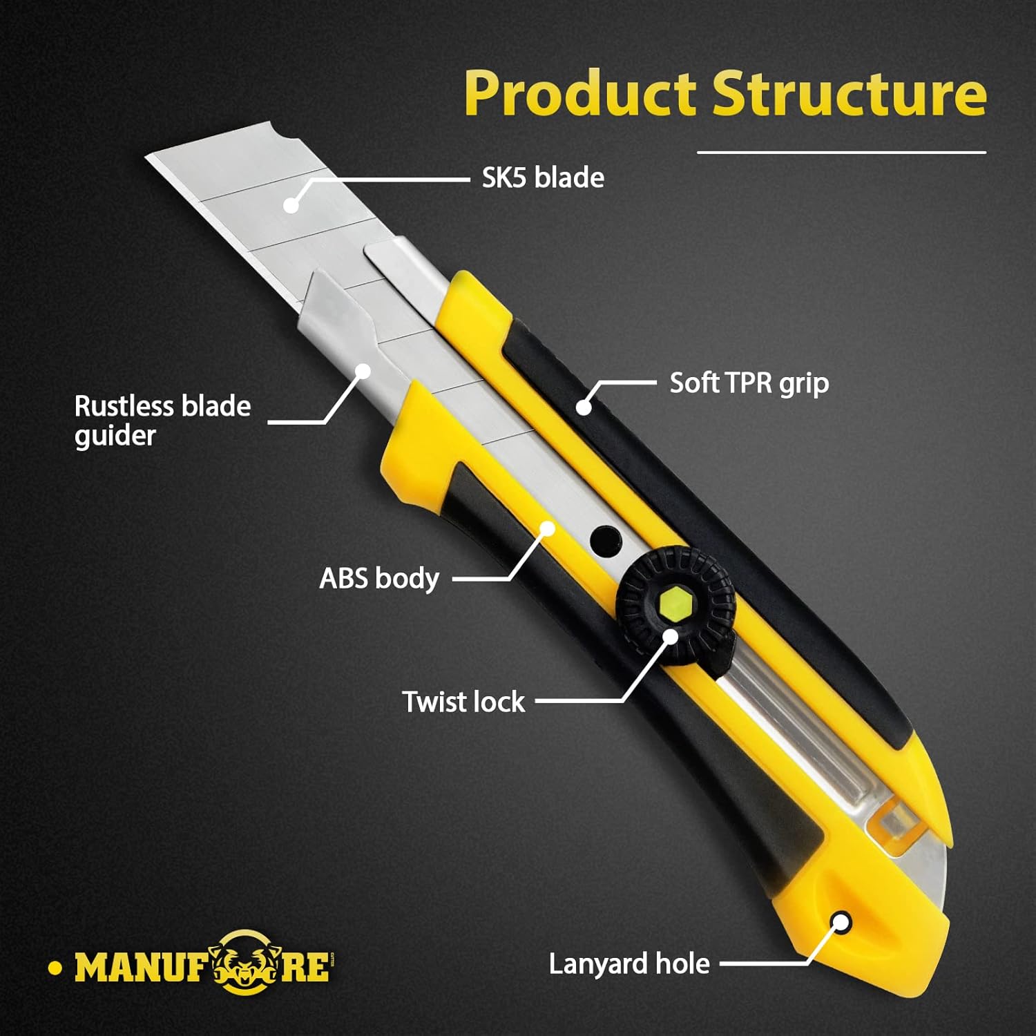 MANUFORE Cuchillo utilitario de 0.984 in Cuchillo retráctil resistente a presión con hoja ultra afilada de acero SK5