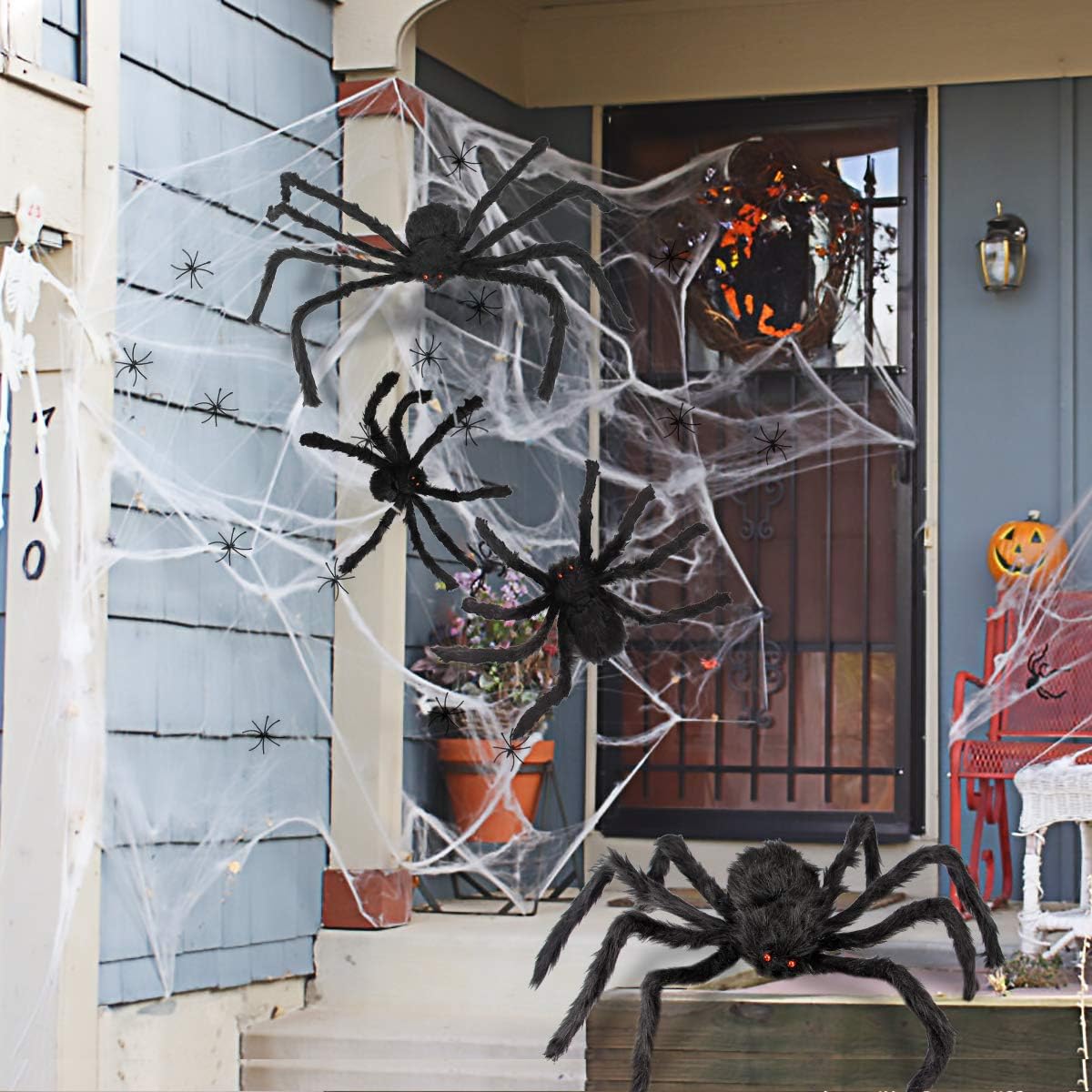 Decoraciones de araña de Halloween, juego de araña gigante aterradora de Aitey con 4 arañas falsas grandes, tela de araña, 20 arañas pequeñas de