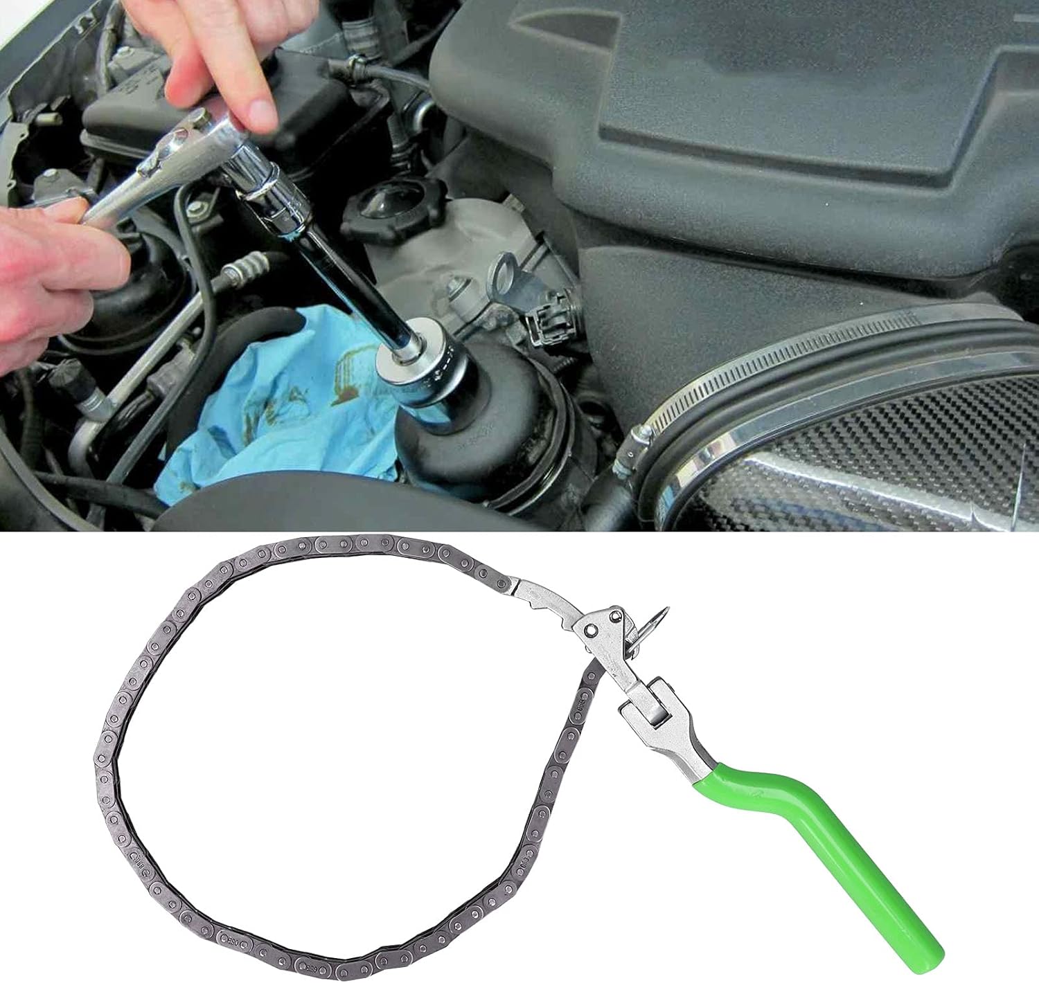 Llave de filtro de aceite tipo cadena, llave de cadena resistente (2.4-7.6 pulgadas) herramienta de reparación de mango largo