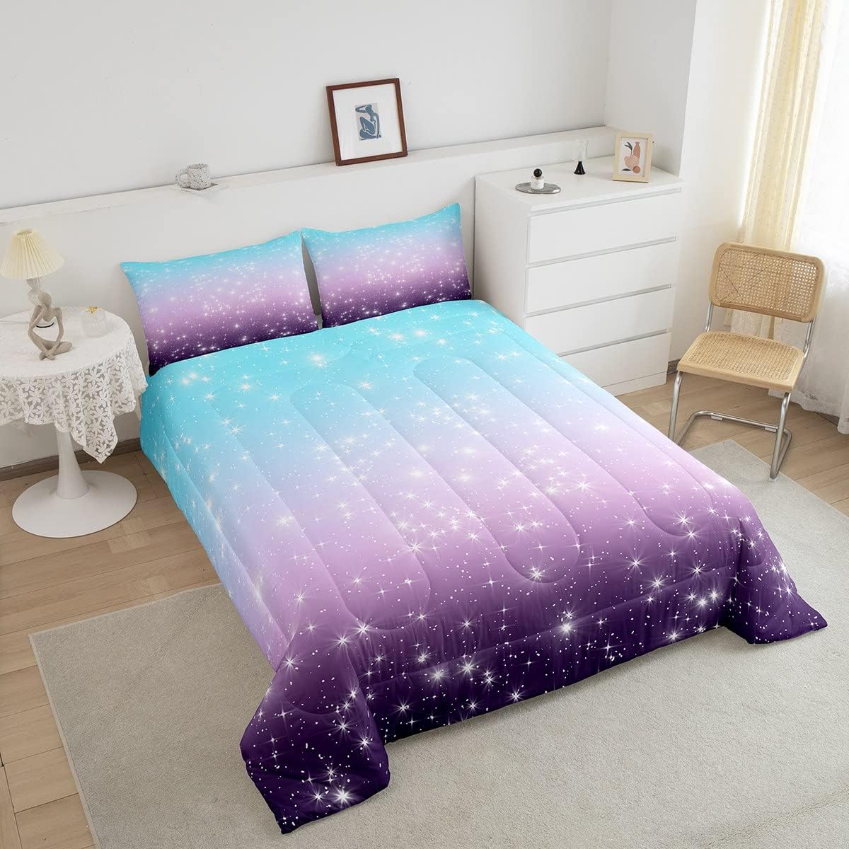 Erosebridal Juego de edredón con purpurina de estrellas espaciales para niños, juego de ropa de cama degradada, azul y morado, tamaño matrimonial,