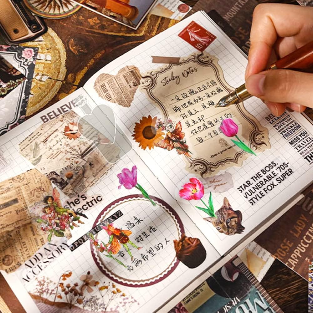 40 calcomanías para álbumes de recortes de flores, suministros de diario, tulipanes, cristalería, botella, marco, calcomanías de hadas de flores