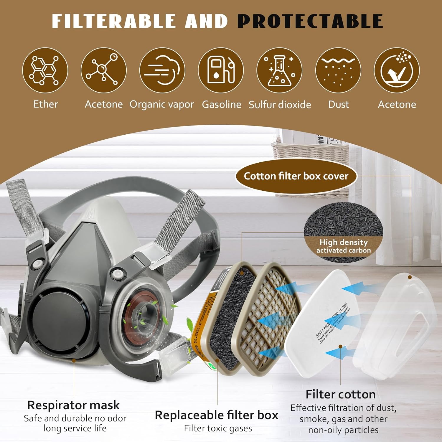 Máscara de gas respirador con filtros, cubierta de media cara de carbono activo con gafas de seguridad, máscara de seguridad para lijado de moldes