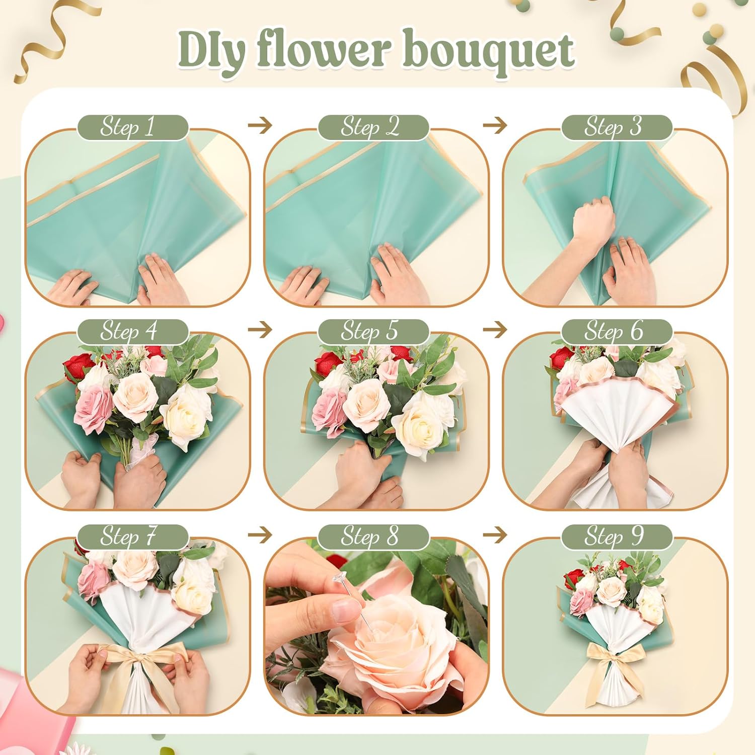 FairySandy 12 hojas de papel de regalo para ramo de flores, impermeable, con 100 pines, 4 coronas para tartas, 24 mariposas doradas para regalos de