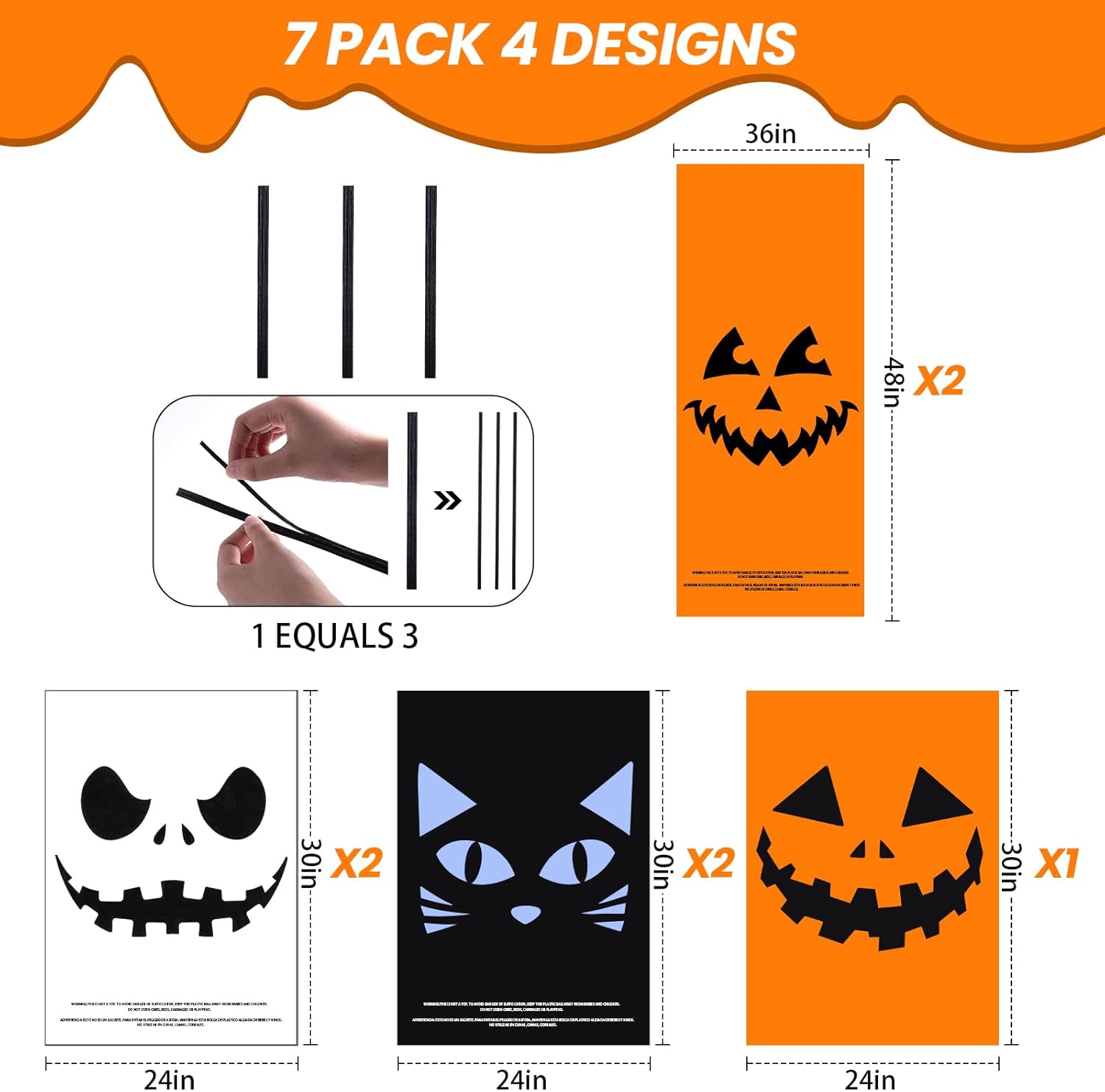 CHANGE MOORE Bolsas de césped de hojas de Halloween, 7 unidades, 4 diseños, bolsa de césped de calabaza con lazos giratorios, decoraciones de