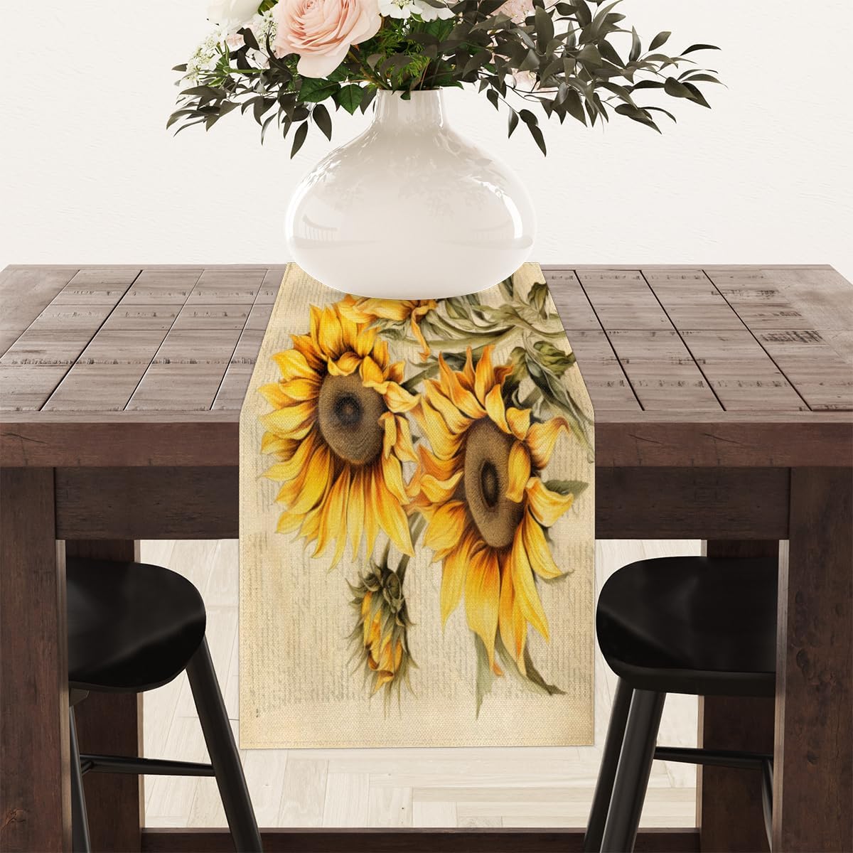 Table Runner Rustic Sun Flowers, Rustic Linen Table Cloth for Farmhouse Kitchen, Dinner, Events, Party, Holiday Table Decor 13 x 36 Inches