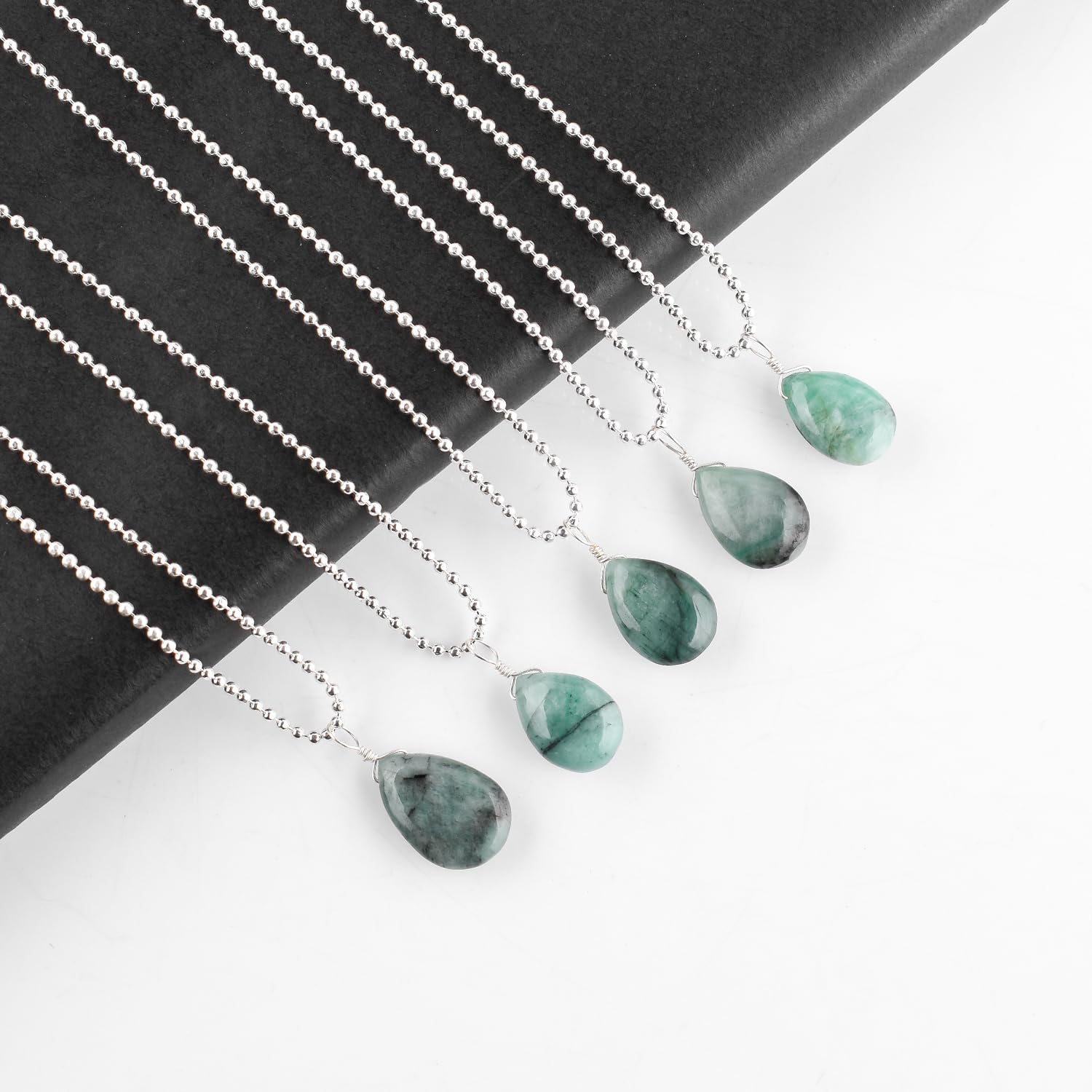 ZEMBIENCE Natural Emerald Gemstones Pendant Necklace, Tear-Drop Stones, Silver Plated Jewelry, Birthday, Chakra Crystals, Wedding, Handmade,