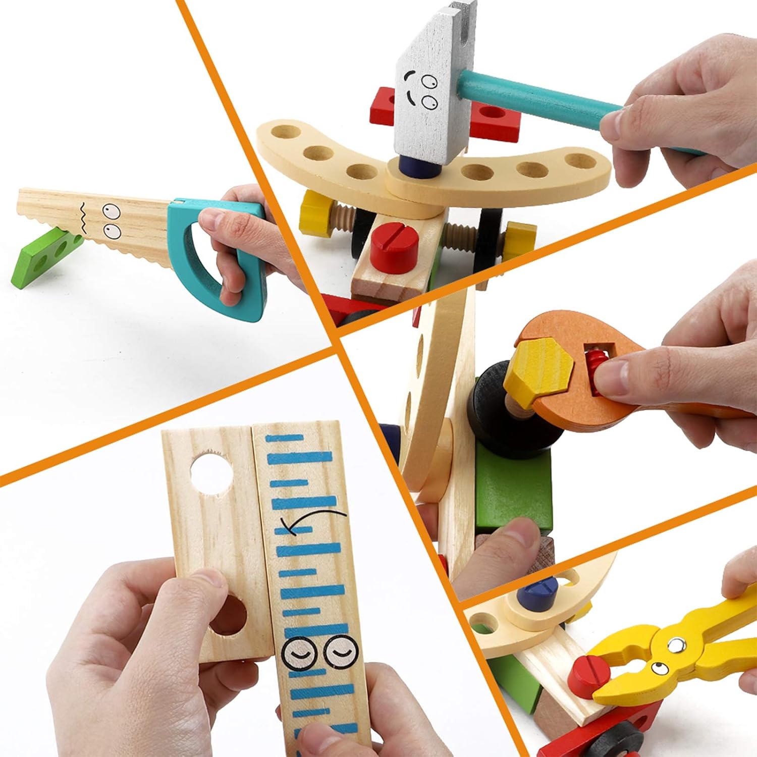 Aomola Kit de herramientas para niños, juego de herramientas de madera con herramientas coloridas, juguetes de simulación, regalos para niños