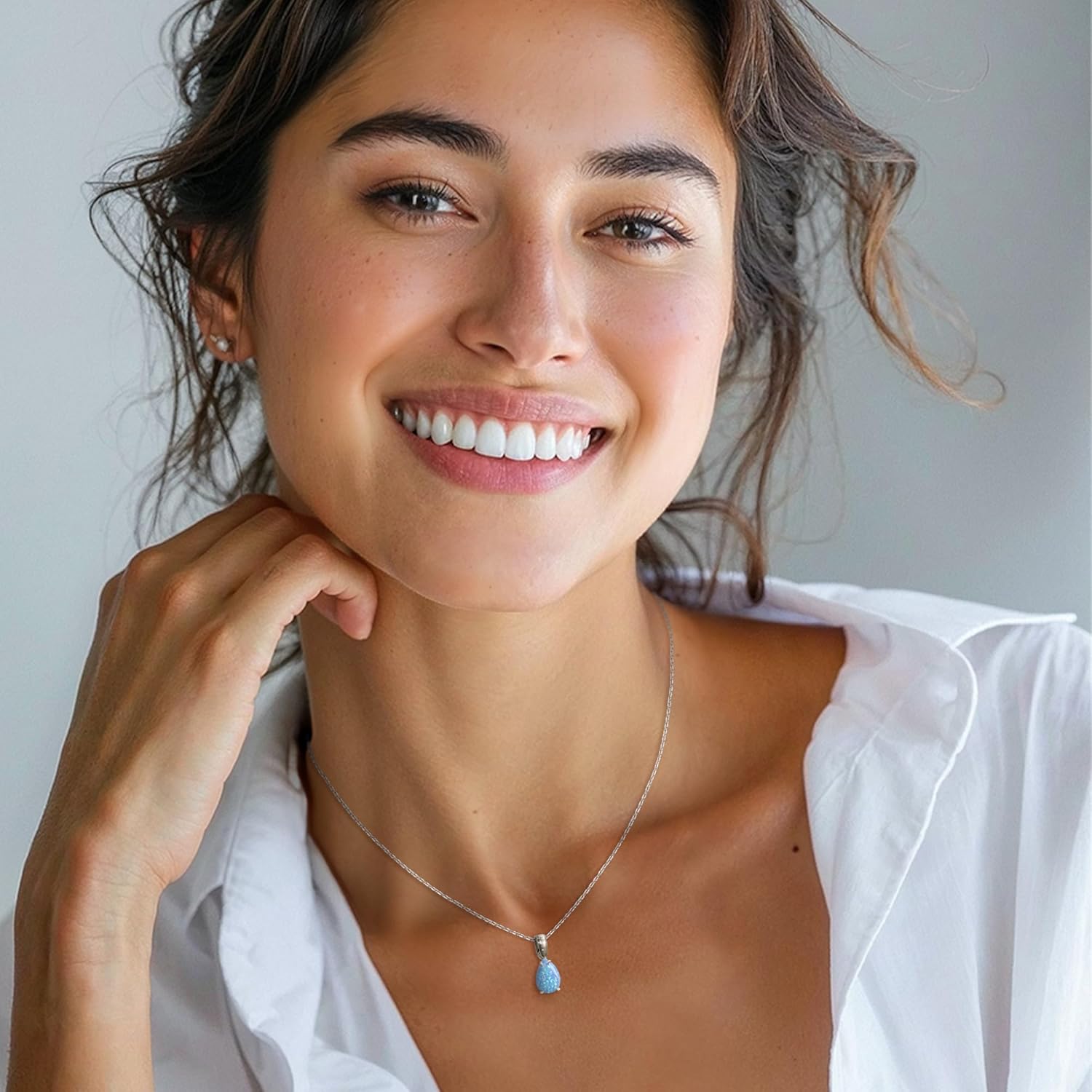 925 Sterling Silver Blue Opal Necklace – Dainty Teardrop Pendant, 7x10mm October Birthstone Opal Gemstone – Handmade Bridal Wedding Jewelry for