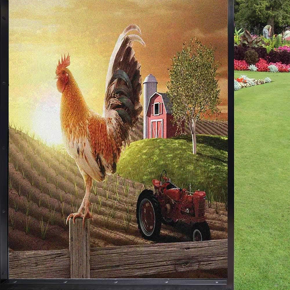 Adhesivos de película para ventana de campo, imagen de granja con gallo, animales de pájaro temprano, naturaleza y sol naciente, sin pegamento para