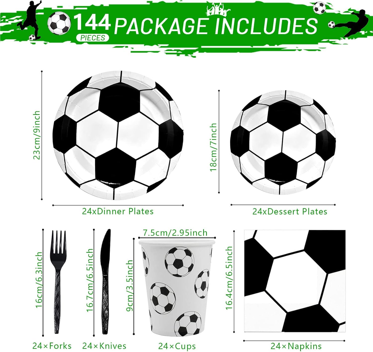 Suministros de fiesta de fútbol, 120 piezas de vajilla para fiesta de cumpleaños de fútbol, incluye platos de papel de fútbol, servilletas, tazas y