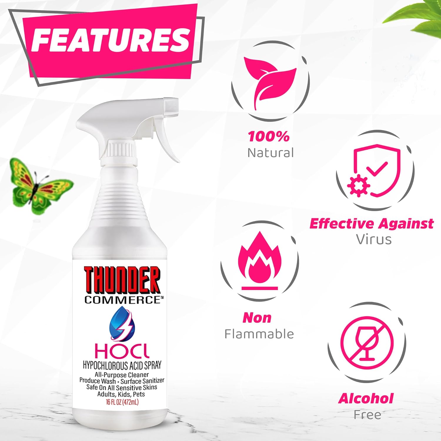 Thunder Commerce Spray de ácido hipocloroso  Limpiador multiusos, desinfectante de superficies, lavado de productos  Natural, biodegradable, sin