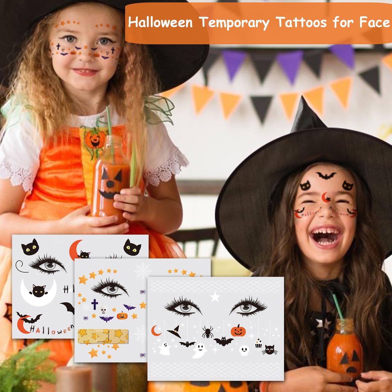CHARLENT Tatuajes temporales de Halloween para niños, tatuajes faciales de Halloween para niños y niñas, suministros de fiesta de Halloween, bolsas