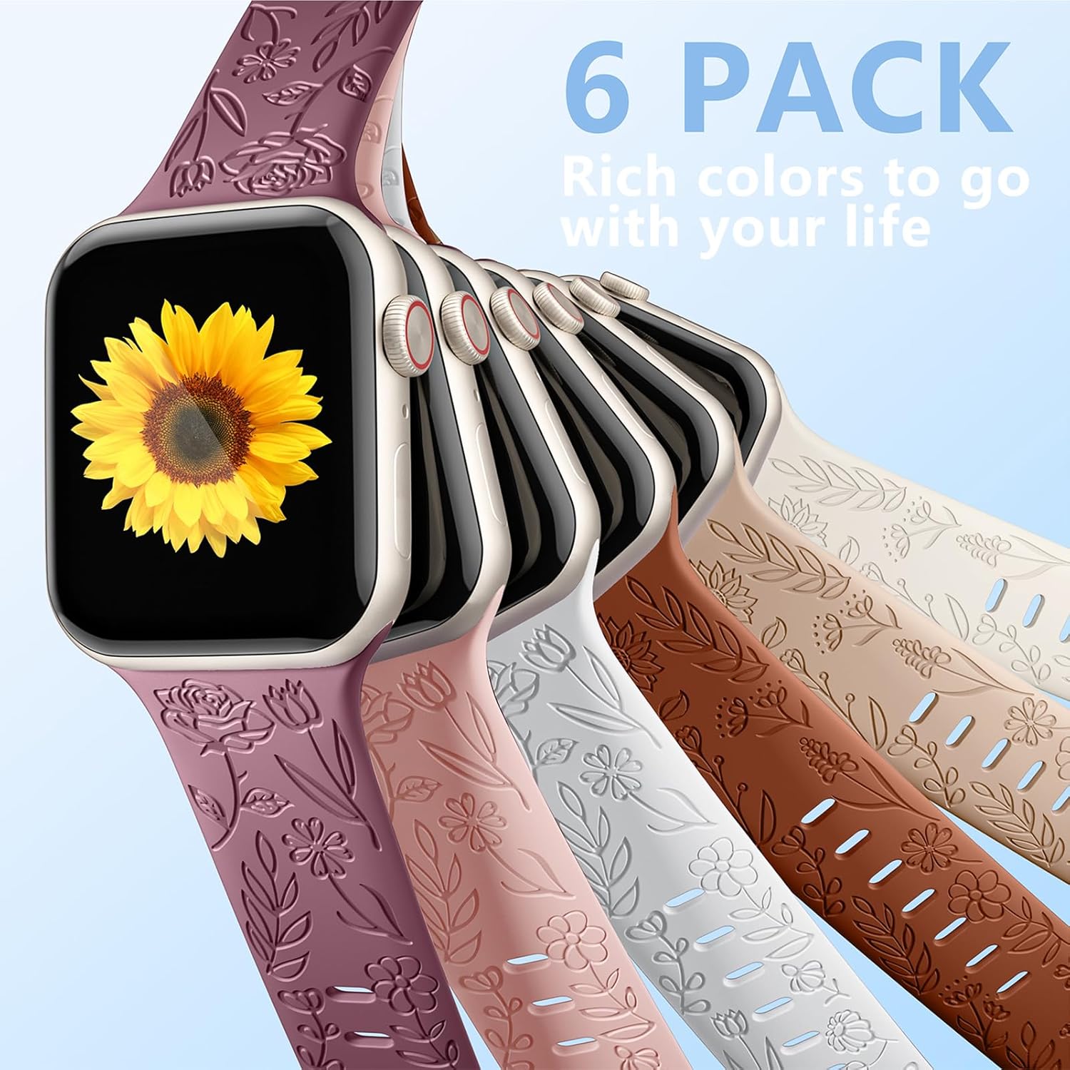 Paquete de 6 correas con grabado floral compatibles con Apple Watch Band de 1.732 pulgadas, 1.575 pulgadas, 1.494 pulgadas, 1.654 pulgadas, 1.614